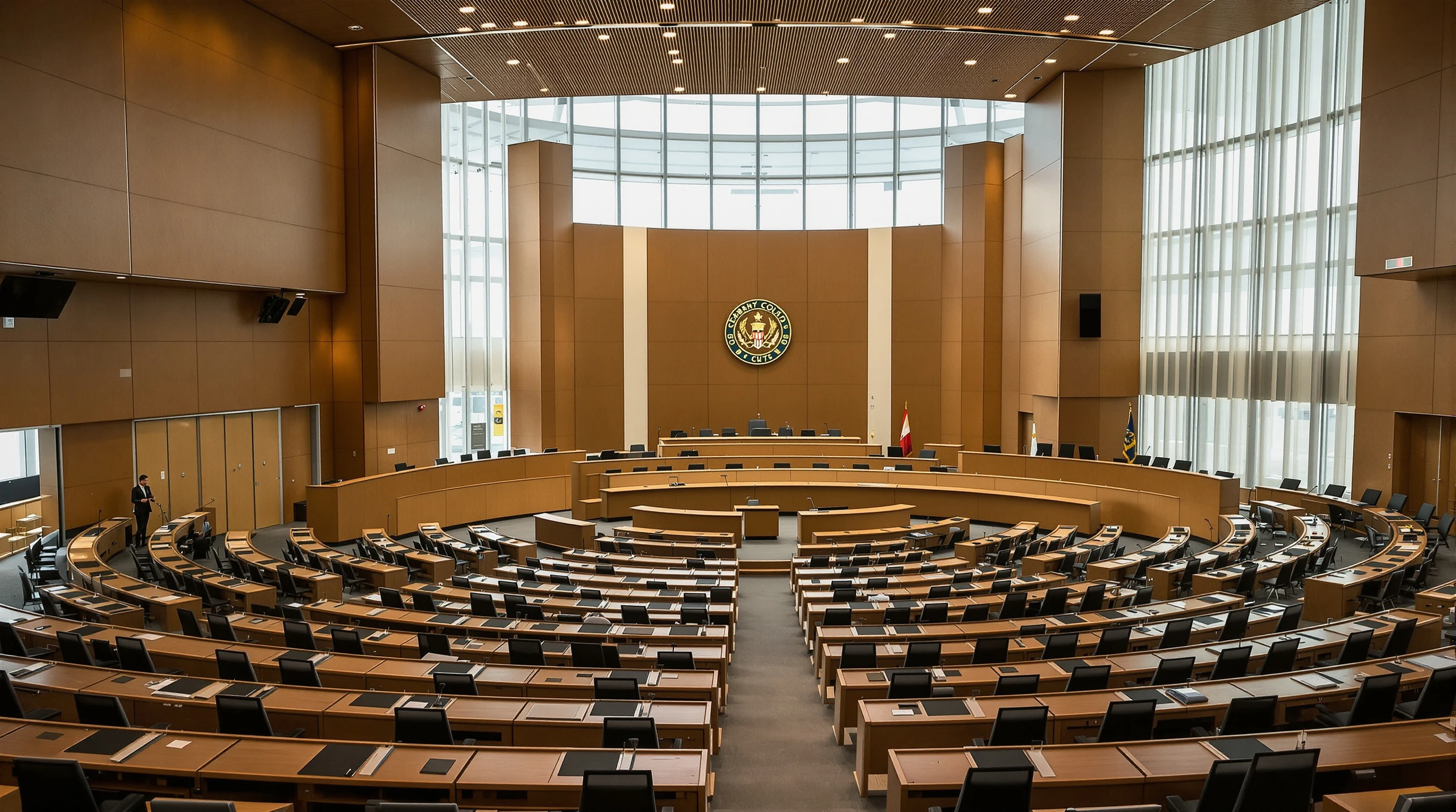 Empty seats and desks in a city council chamber facing a raised dais, lit by daylight from tall windows.