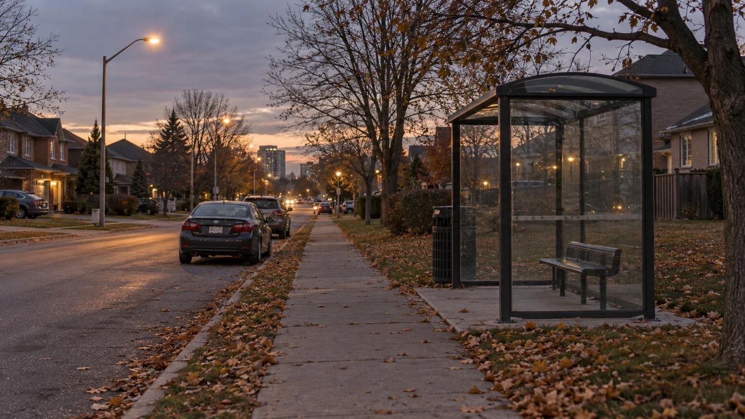 A quiet residential street in Ajax, Ontario, at dusk with empty sidewalks and streetlights.