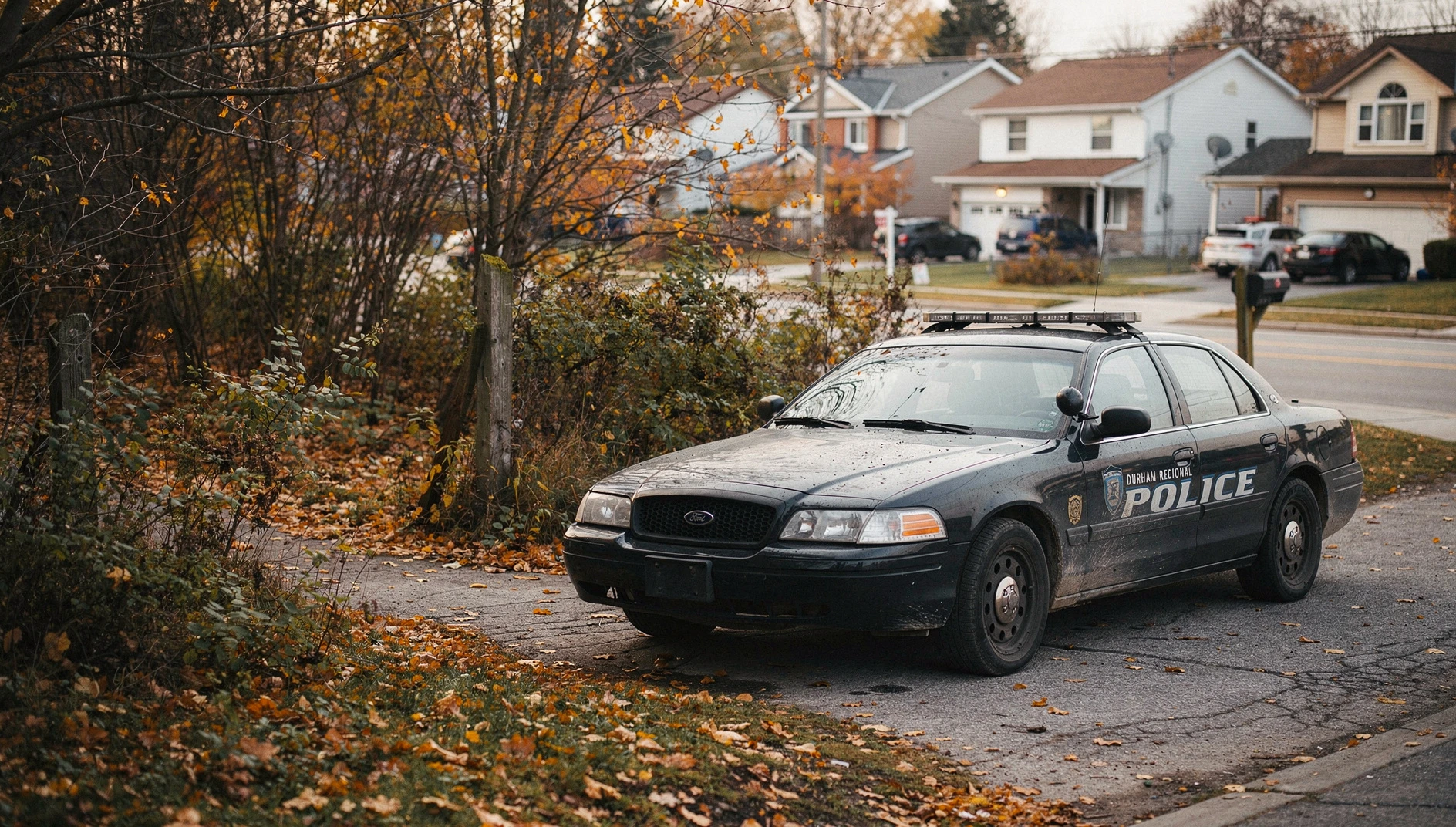 A police cruiser parked near a suburban trail entrance surrounded by autumn trees