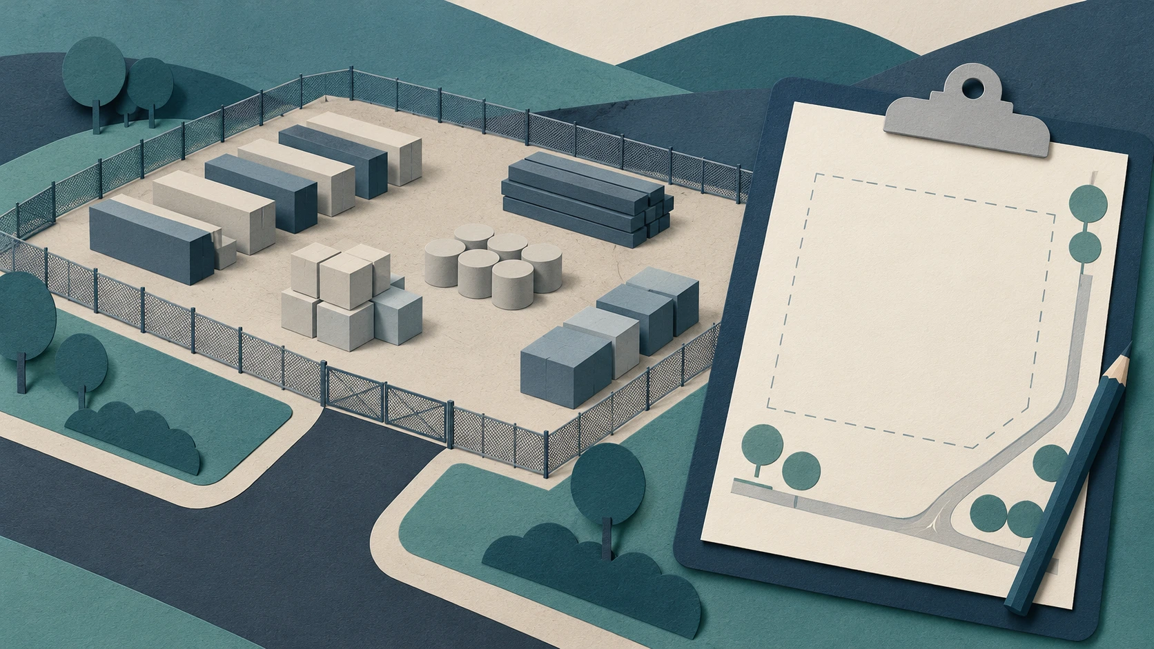 Conceptual illustration of a fictional fenced storage yard and an abstract site-plan clipboard.