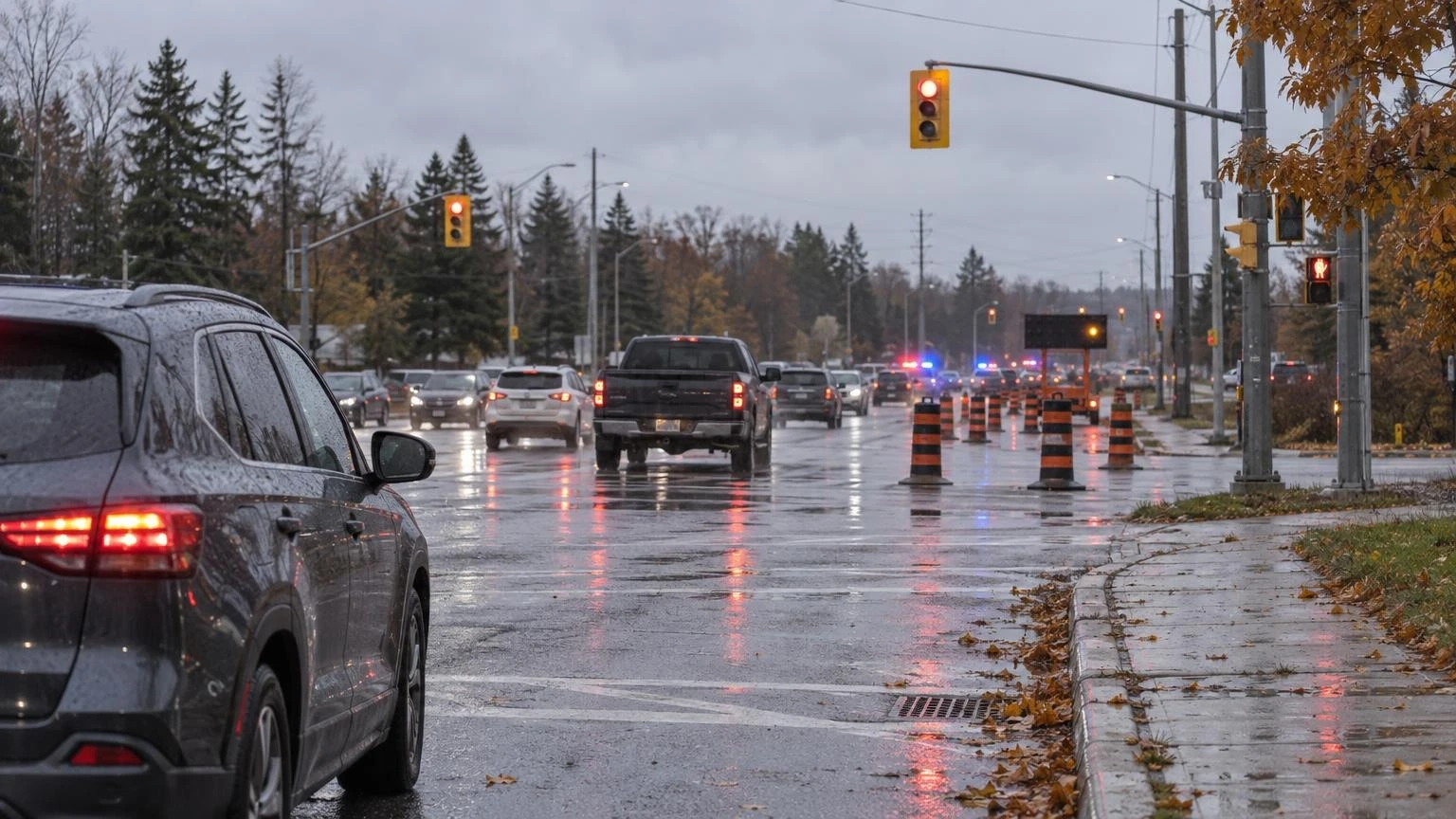 Emergency lights reflecting off wet pavement at a closed lane of an Ontario intersection in autumn.