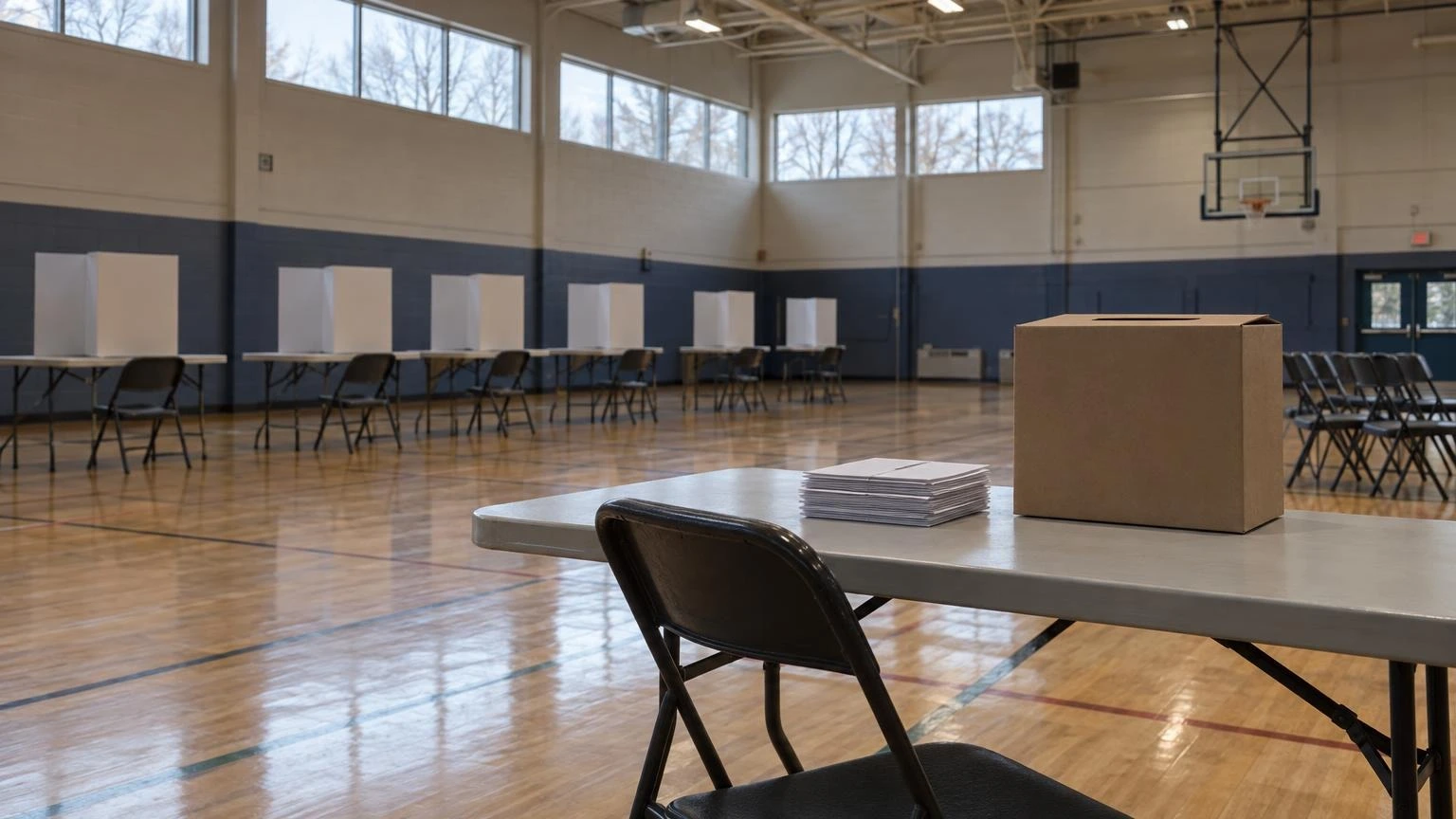 An interior view of a community centre gym set up for voting with a ballot box and paper ballots.