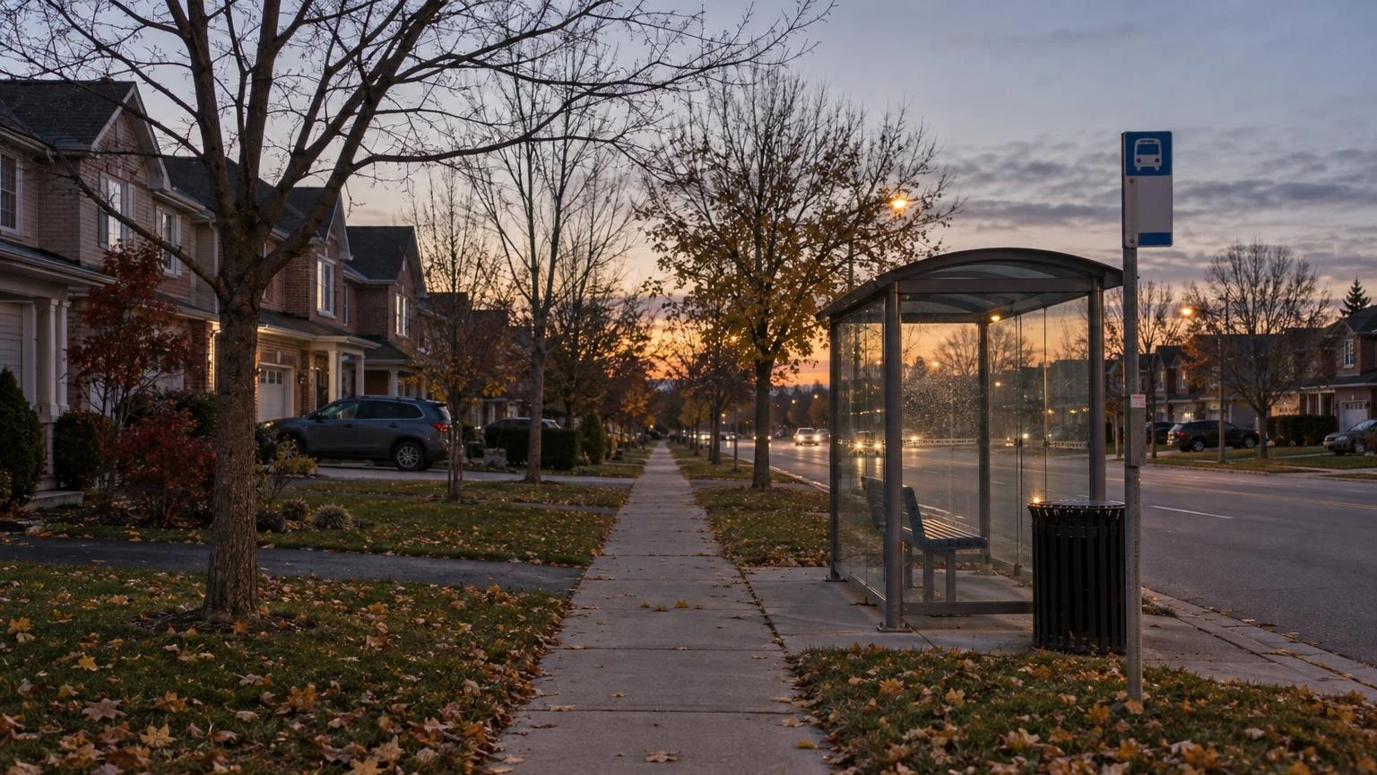 An empty residential sidewalk at dusk with a bus shelter, showing a suburban street in Burlington, Ontario.