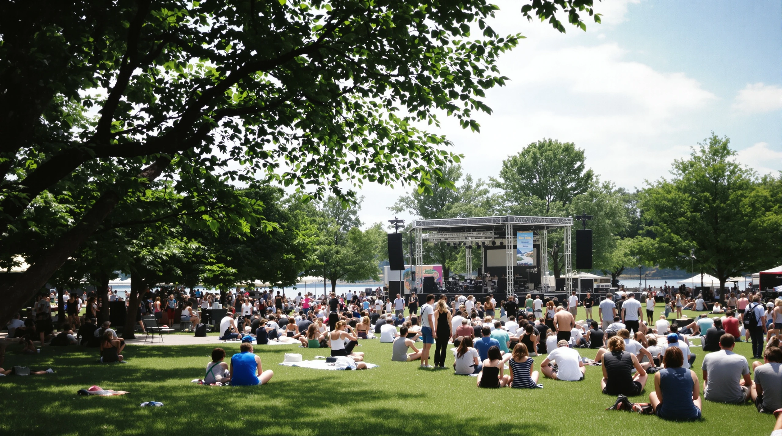 People gathered on a sunny waterfront park lawn for an outdoor summer festival, with a stage and trees in the background.