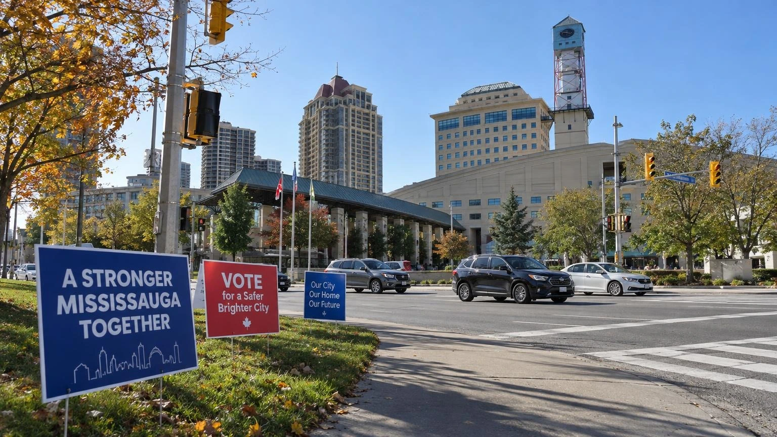 A close-up of a residential street corner in Mississauga with empty wooden stakes in the ground where election signs once stood.