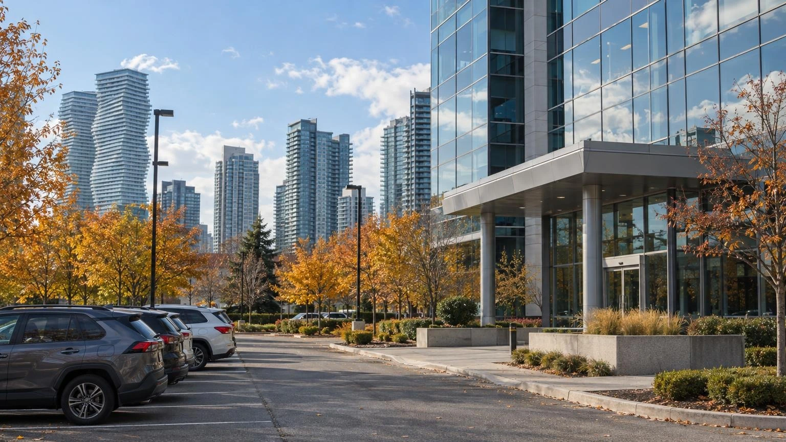 A modern office building in a professional district in Mississauga, Ontario, under an autumn sky.