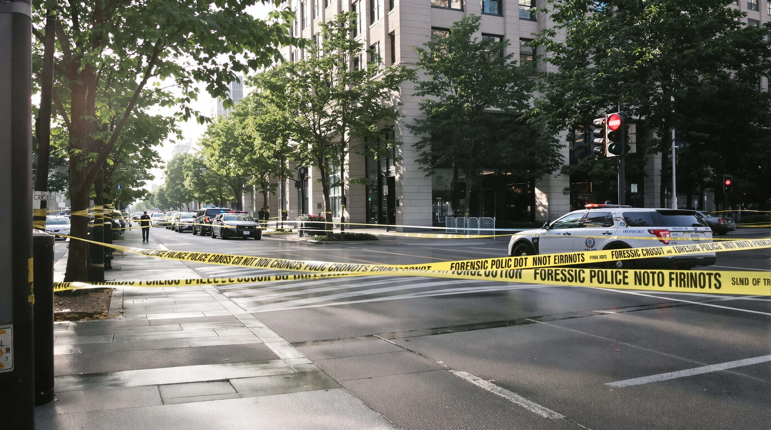 Police tape along a downtown Toronto sidewalk in front of a large institutional building at dawn.