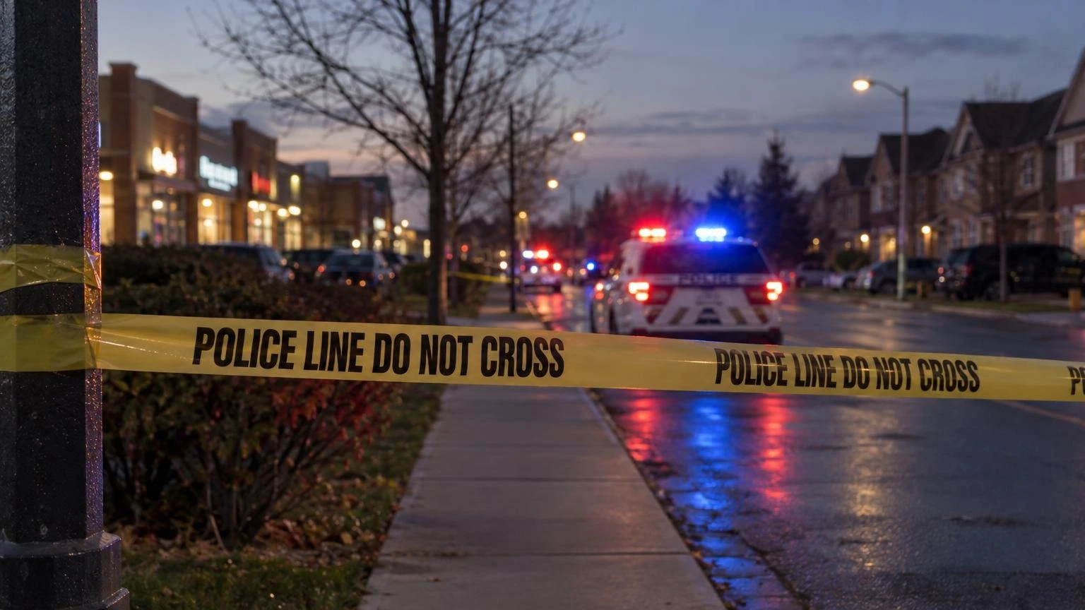 A close-up of yellow police tape in the foreground with blurry red and blue emergency lights in the background at dusk.