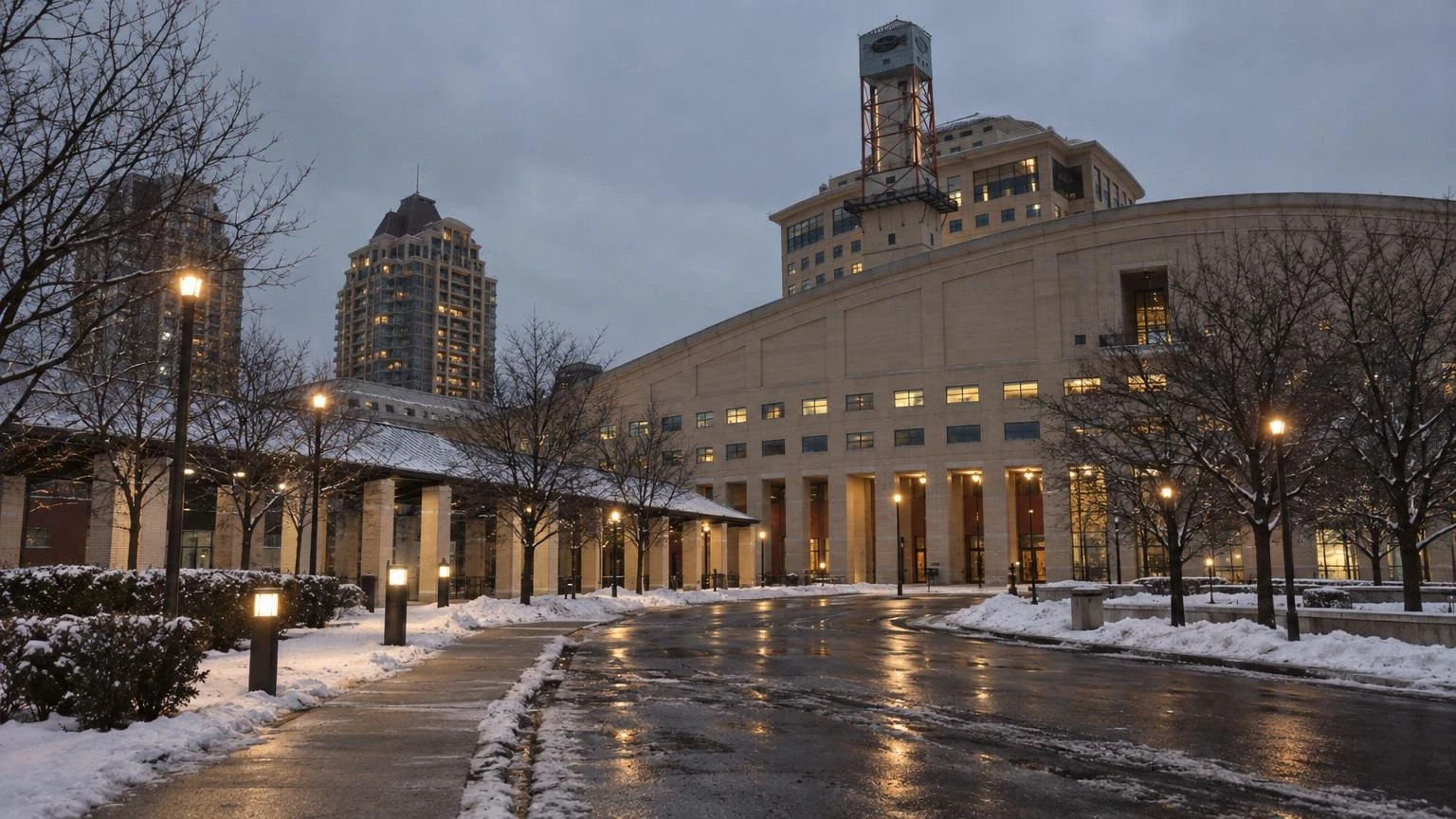 An illustration of a generic government building exterior in Ontario during a winter evening.
