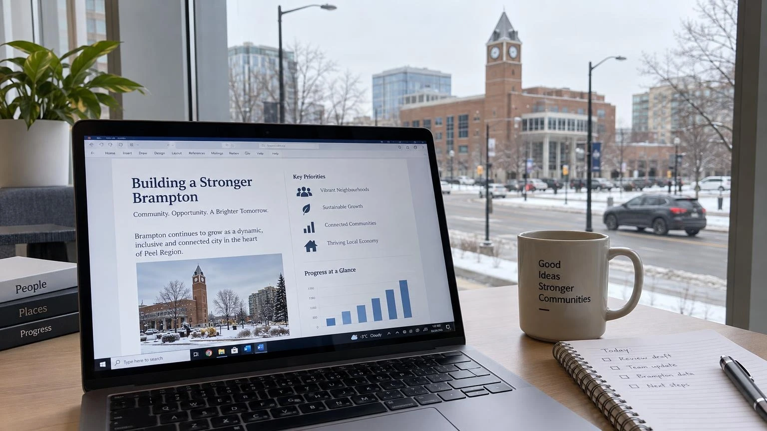 A professional workspace with a laptop, coffee, and notebook on a desk, representing a remote business meeting.