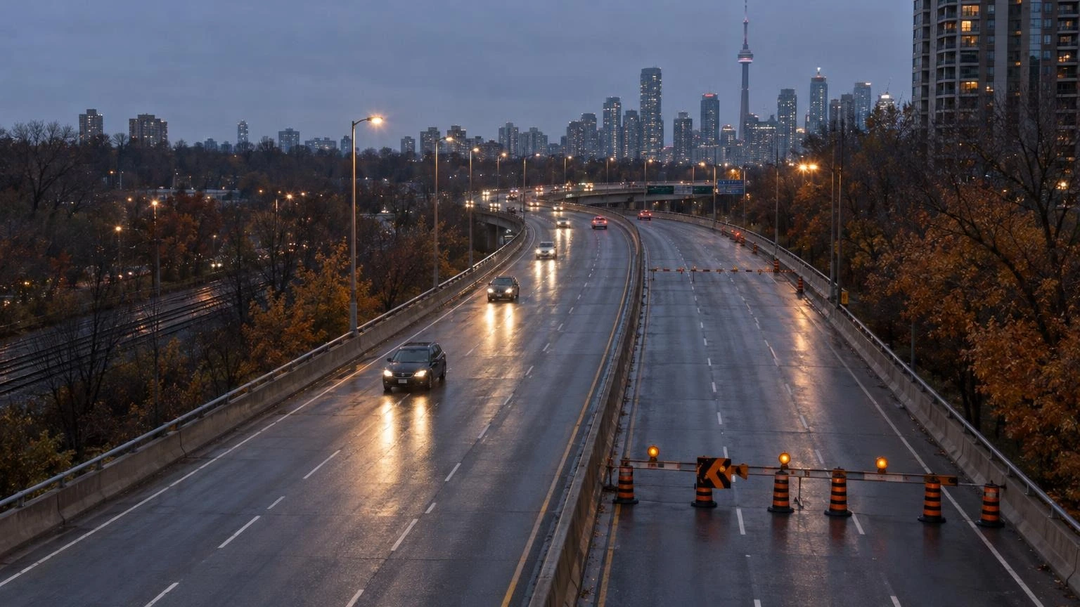 An urban expressway in Toronto at dusk with lanes empty and downtown buildings in the distance.