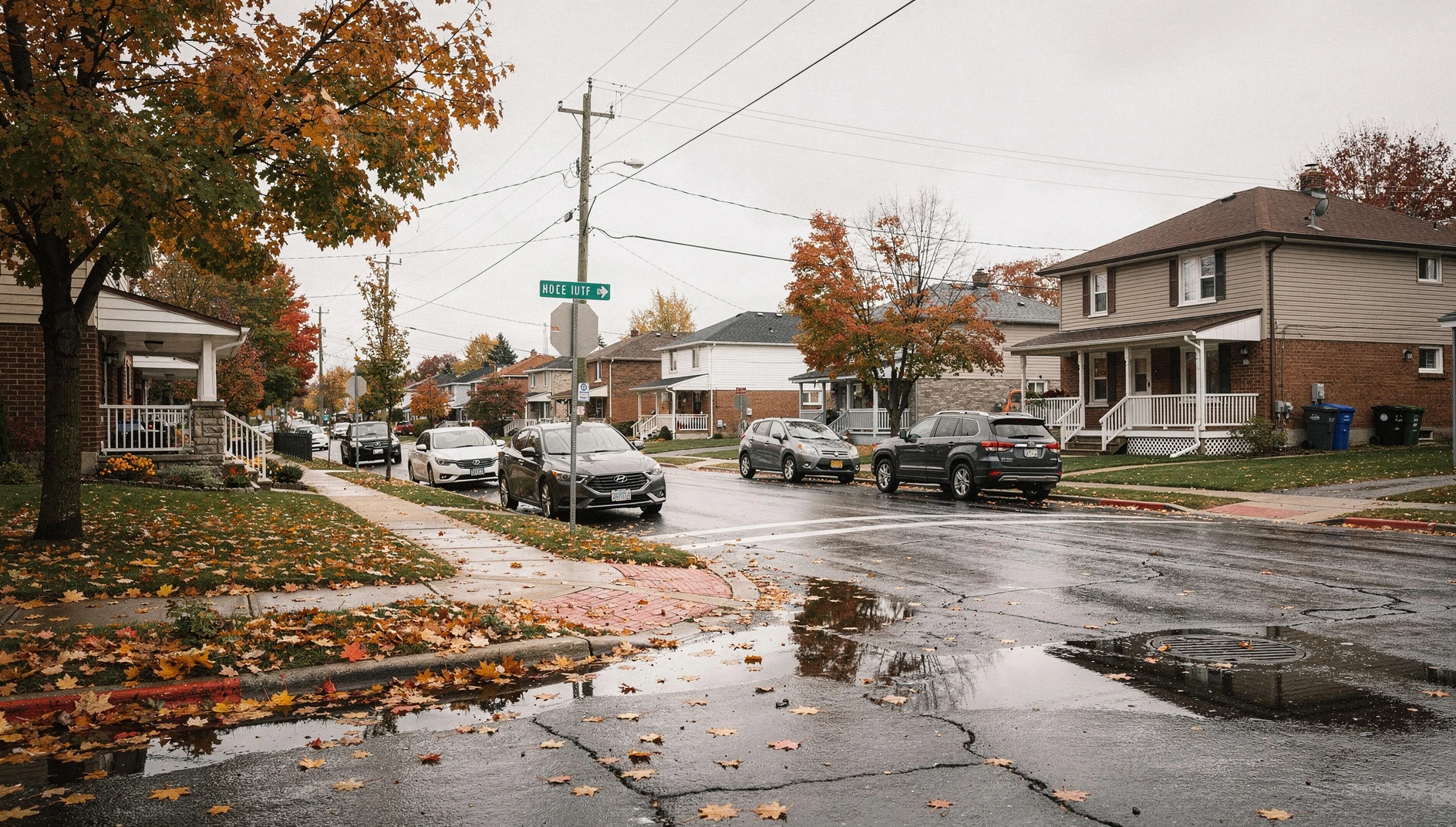 A quiet residential street in Niagara Falls, Ontario, during an autumn afternoon with fallen leaves on the pavement.
