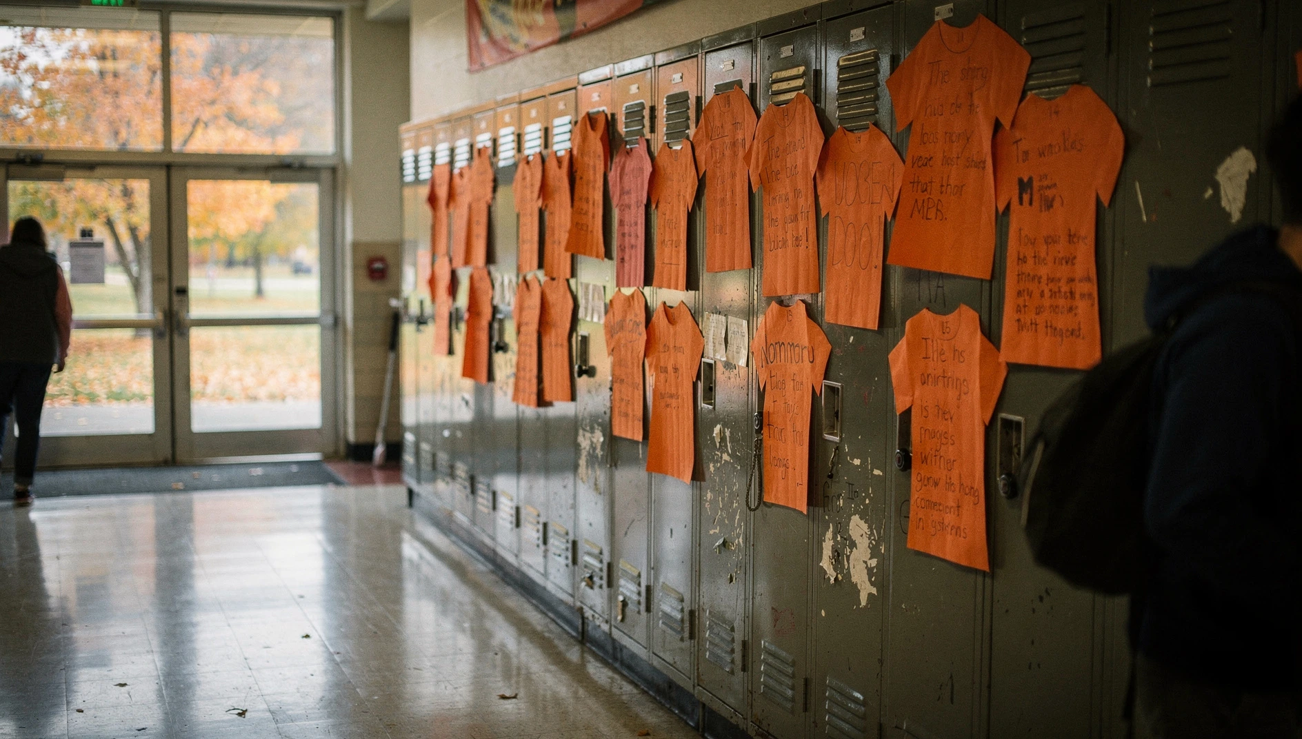 A school foyer wall decorated with orange paper shirts and handwritten reflections.