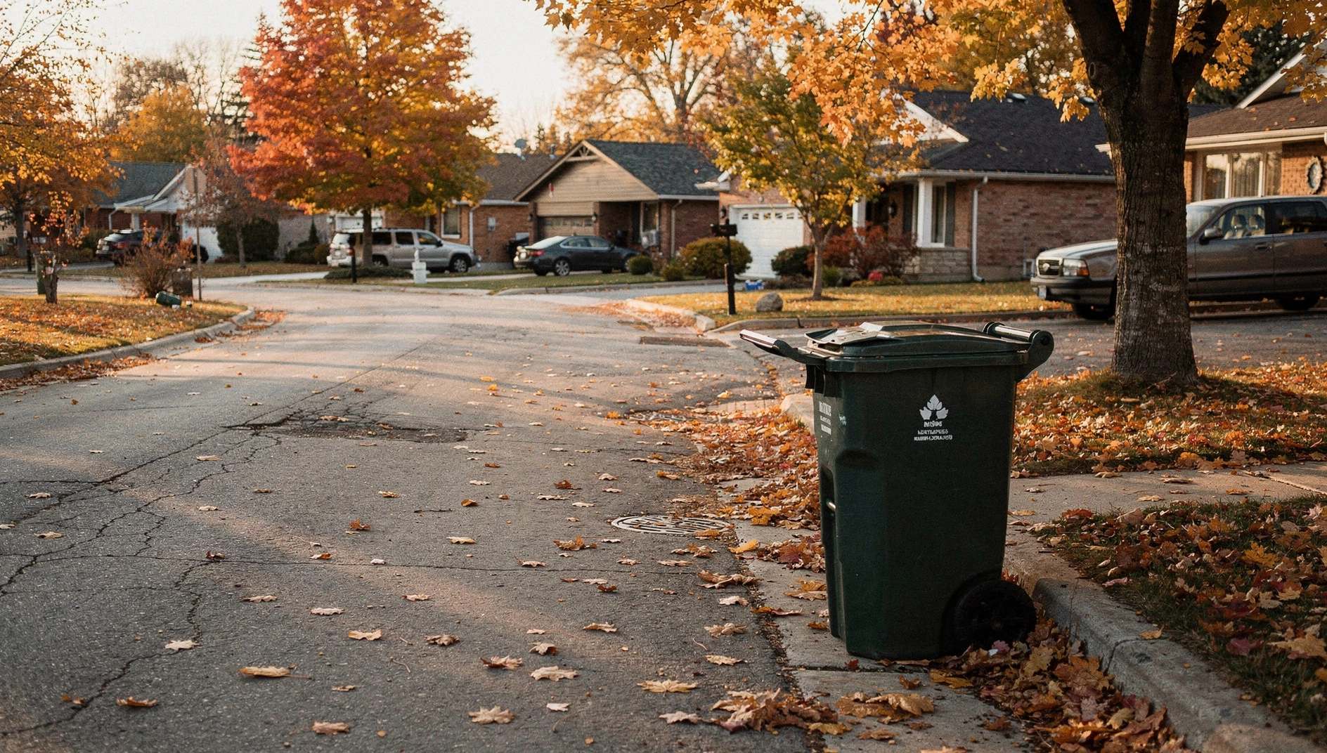 A suburban street in Whitby during a crisp autumn afternoon with orange leaves on the ground.