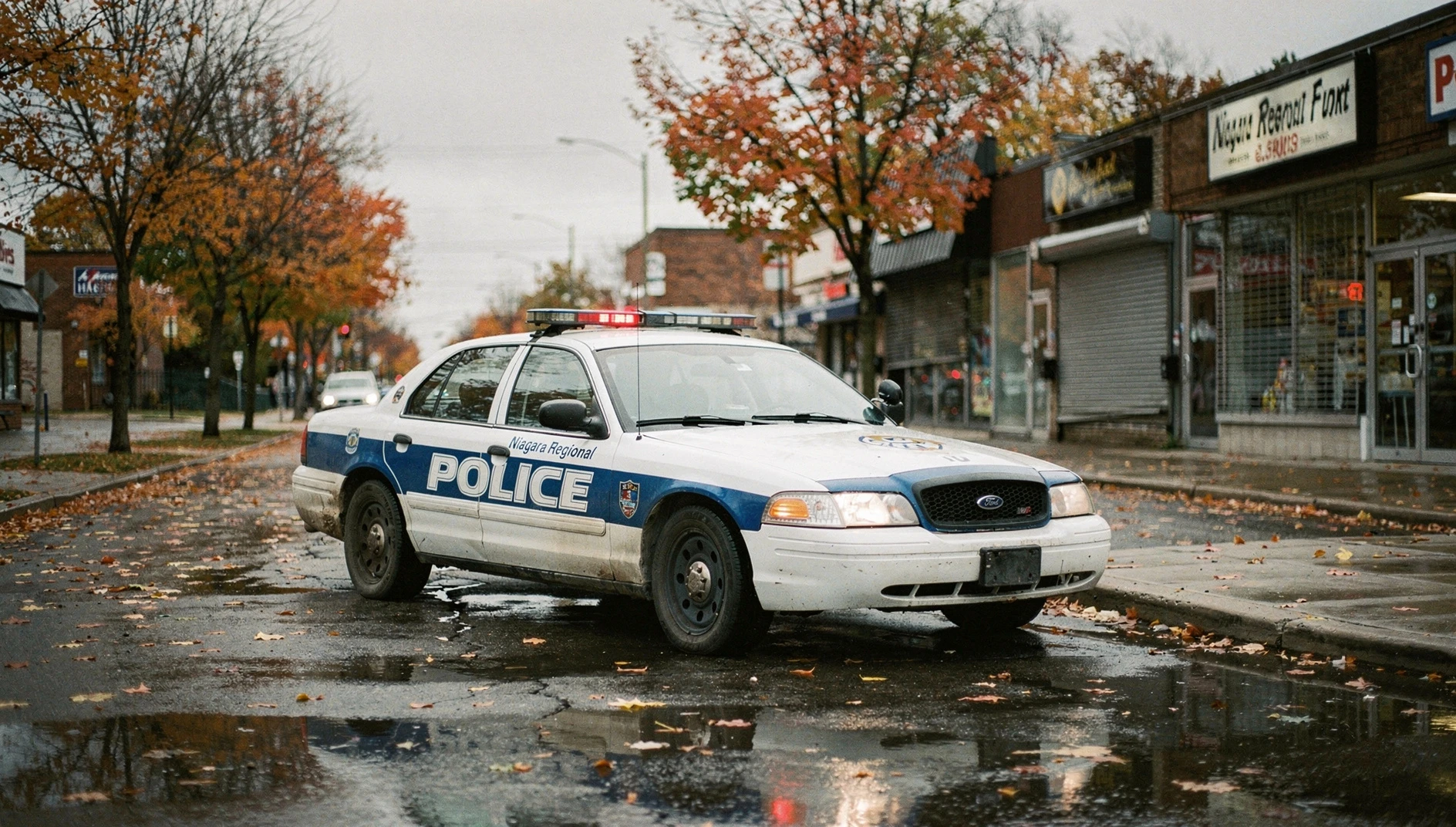 Illustration of a police cruiser parked on a Niagara Falls street in autumn.