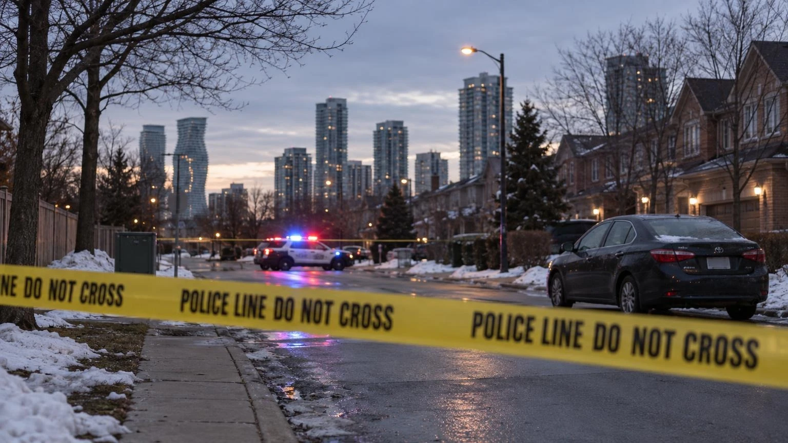 Yellow police tape in the foreground with blurred emergency lights and a suburban street in the background during winter.