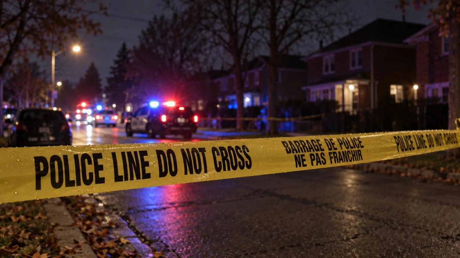 Yellow police tape in the foreground with blurred red and blue emergency lights in a residential neighbourhood at night.