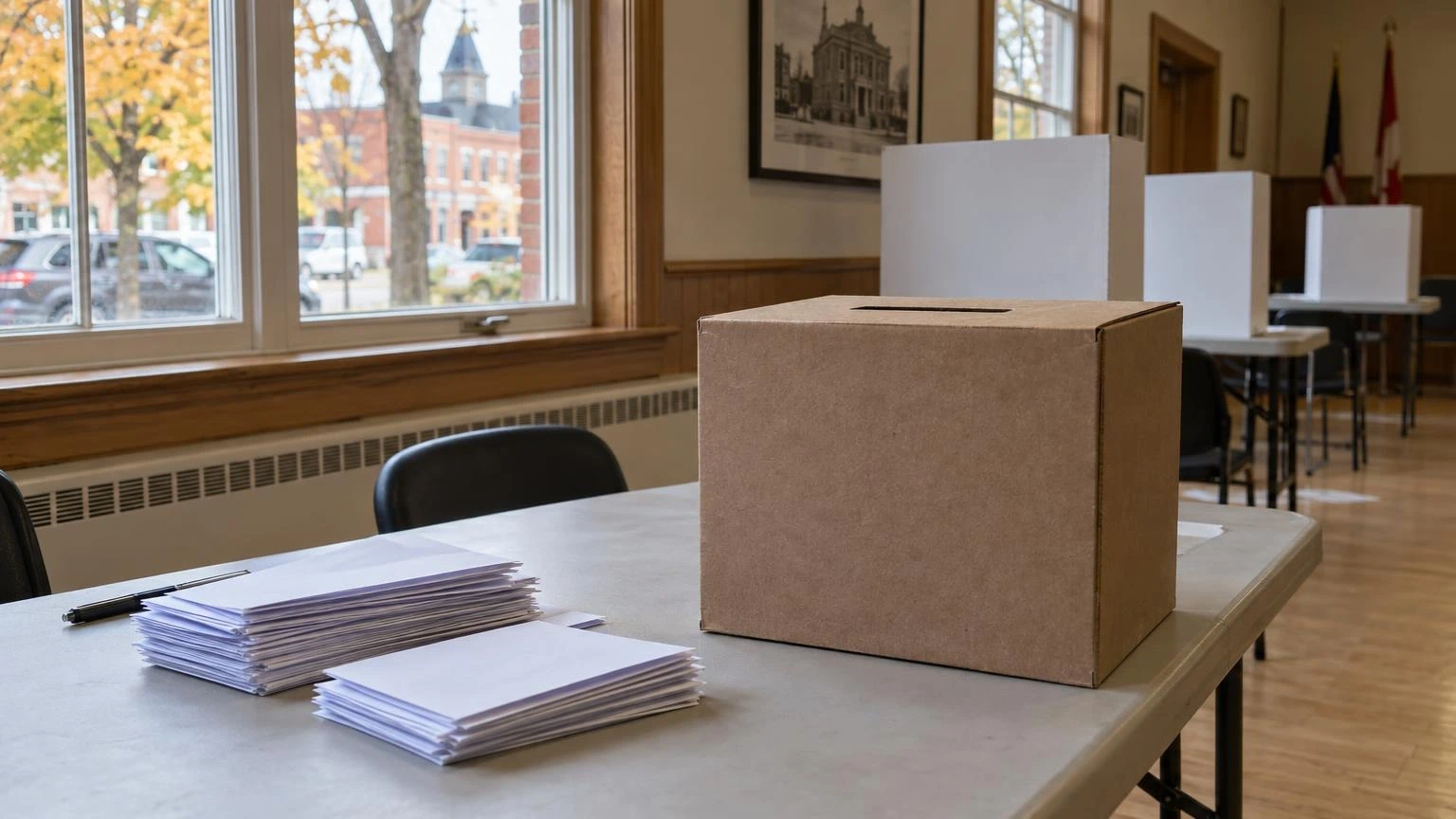 A close-up shot of a small stack of paper ballots in a cardboard box inside a community centre.