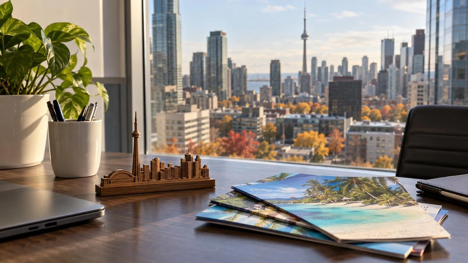 A close-up of an office desk with tropical travel brochures and a small souvenir, with a blurred Toronto skyline in the background.