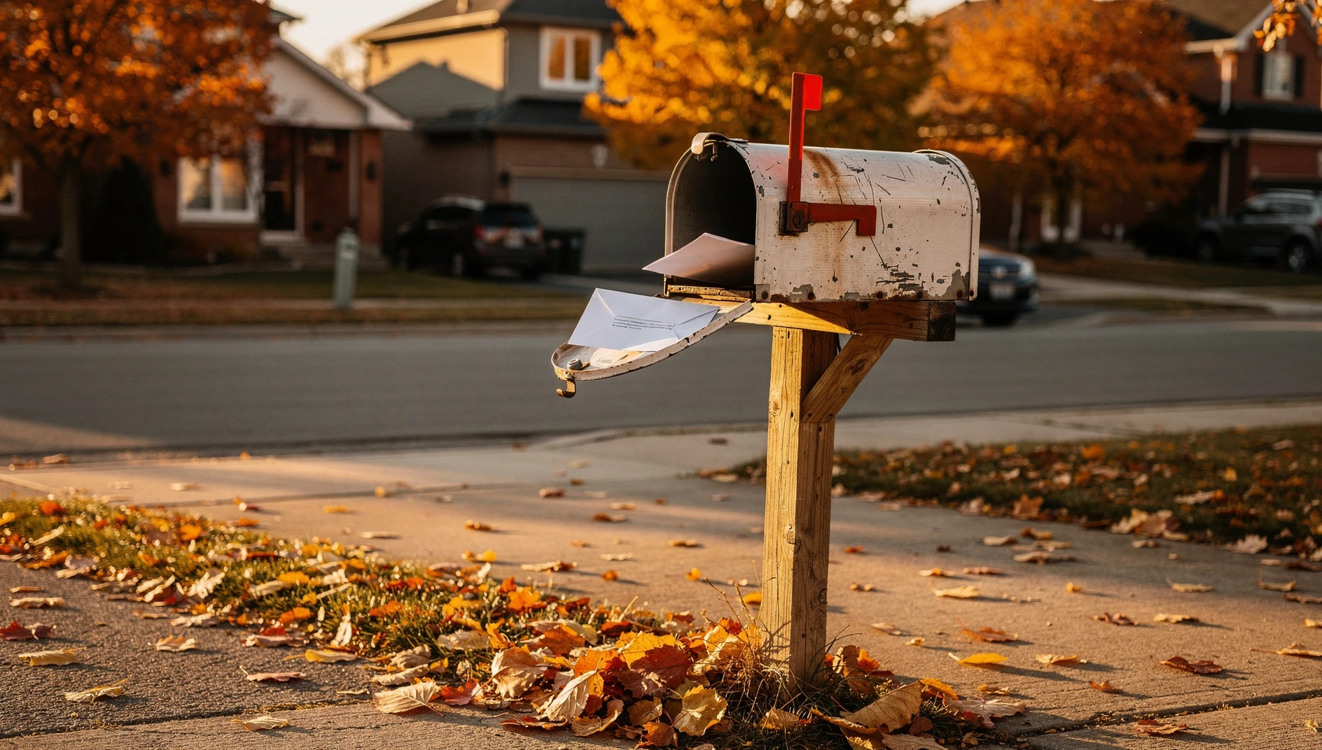 A close-up shot of a residential mailbox on a suburban street in Markham, Ontario during a clear autumn day.