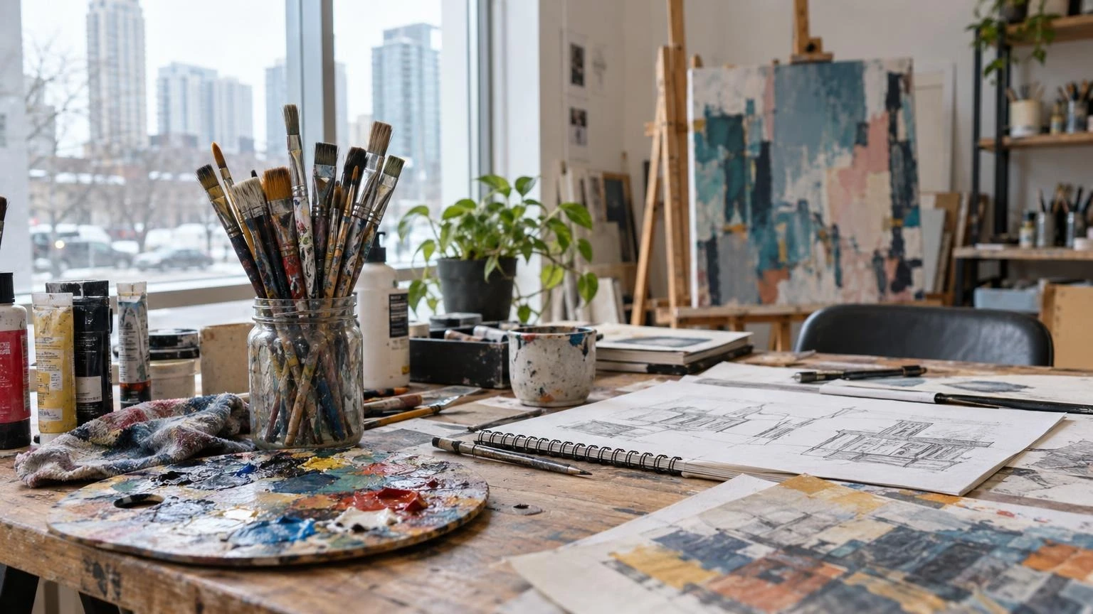 A close-up view of an artist's workspace with paintbrushes, a palette, and canvases in a bright studio.