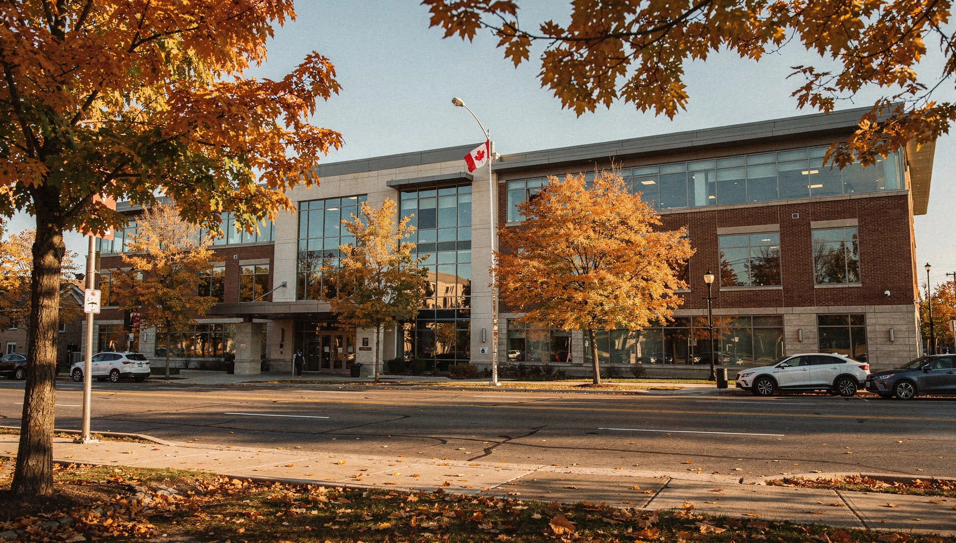 A view of Markham City Hall exterior during an autumn afternoon.