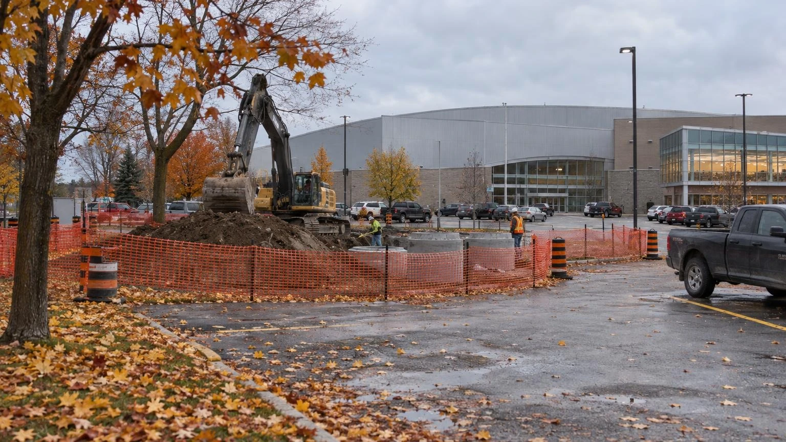 An excavator and construction fencing along a parking lot beside a small-town arena on an overcast autumn day.