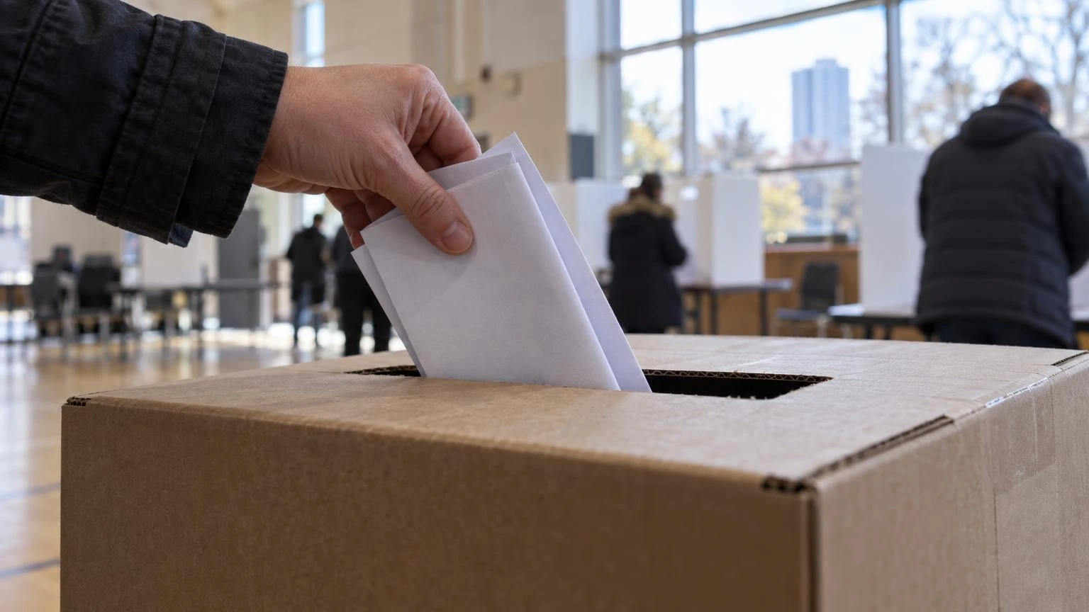 A close-up of paper ballots in a cardboard ballot box at a community centre.