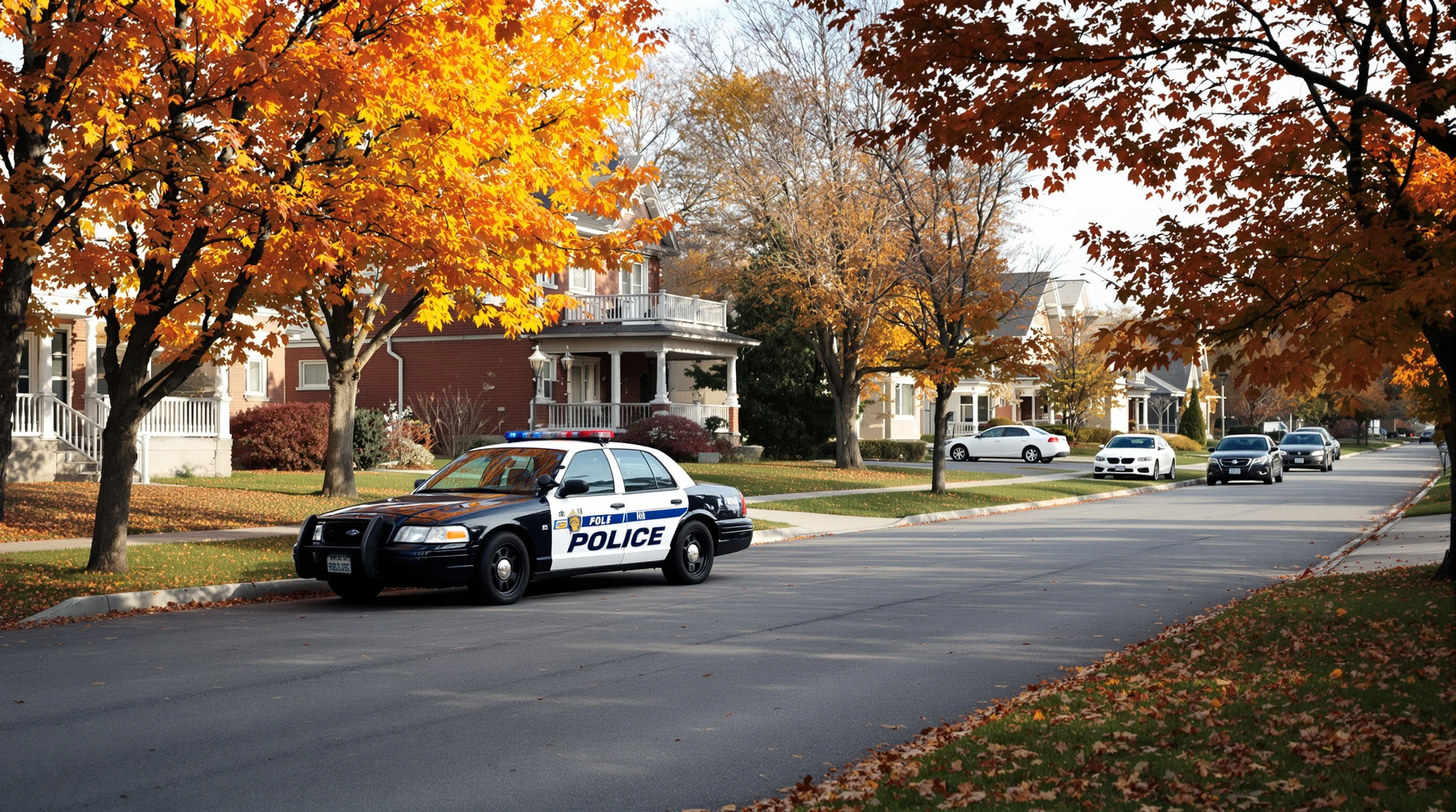 A police car parked on a suburban street lined with autumn trees.