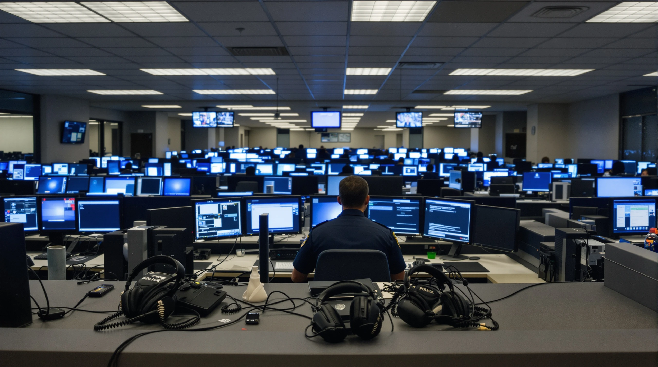 A police 911 communications centre with desks, monitors and headsets, seen from behind a dispatcher.
