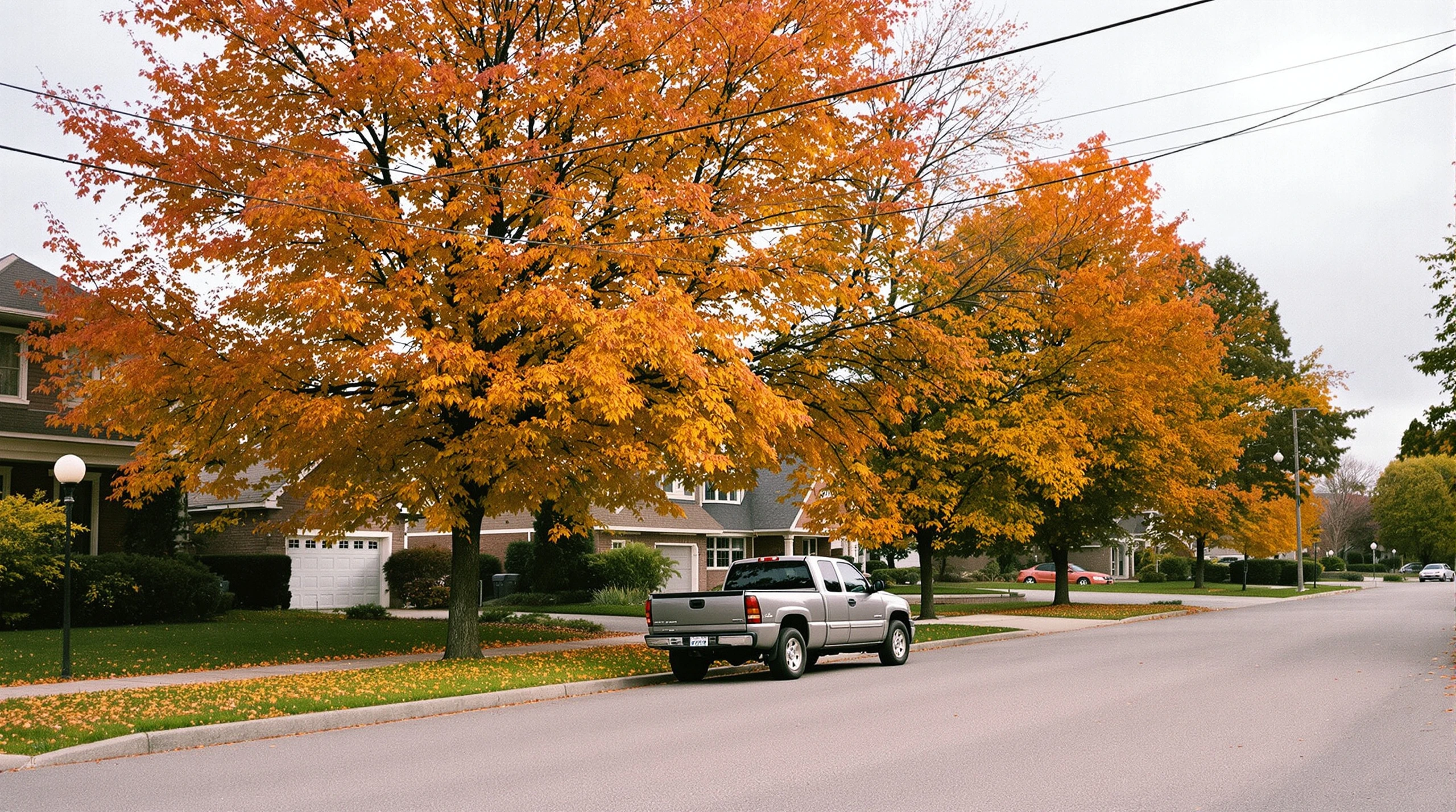 A residential street in Niagara Falls featuring suburban houses and parked cars under an autumn sky.