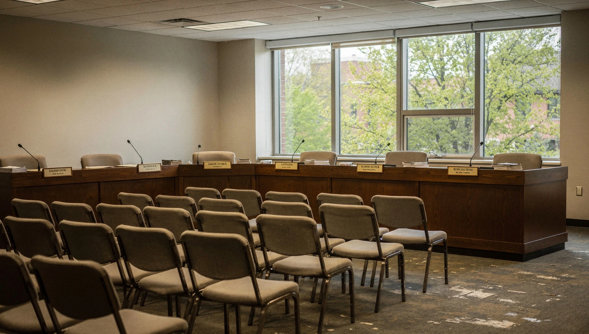 An empty municipal council chamber with public seating facing council desks.