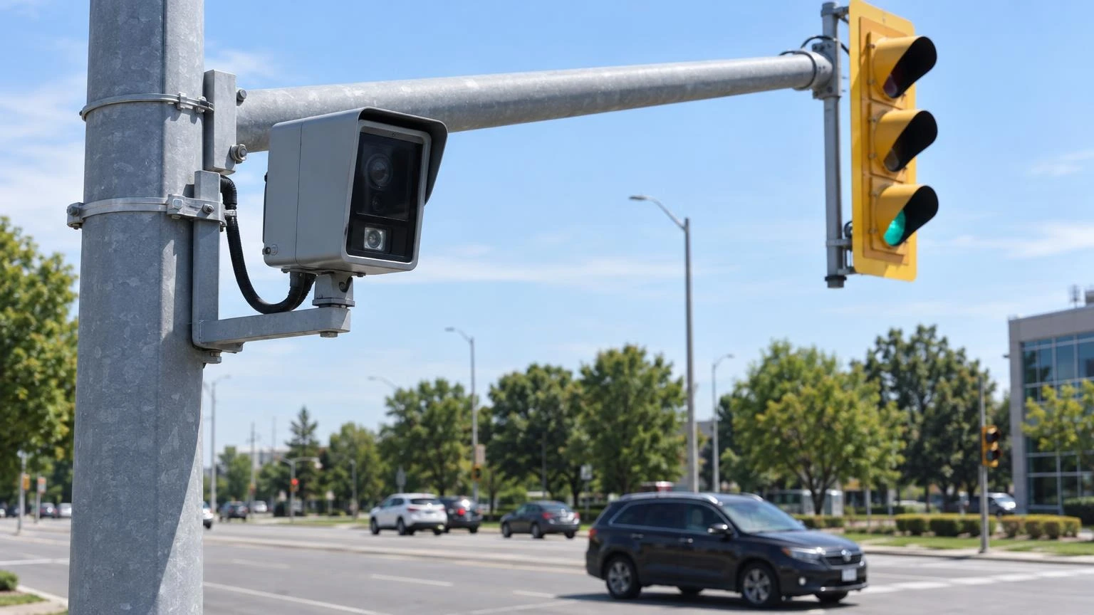 A close-up view of a traffic signal pole at a Brampton intersection featuring a small mounted camera lens, with a blurred suburban street in the background during a bright summer day.