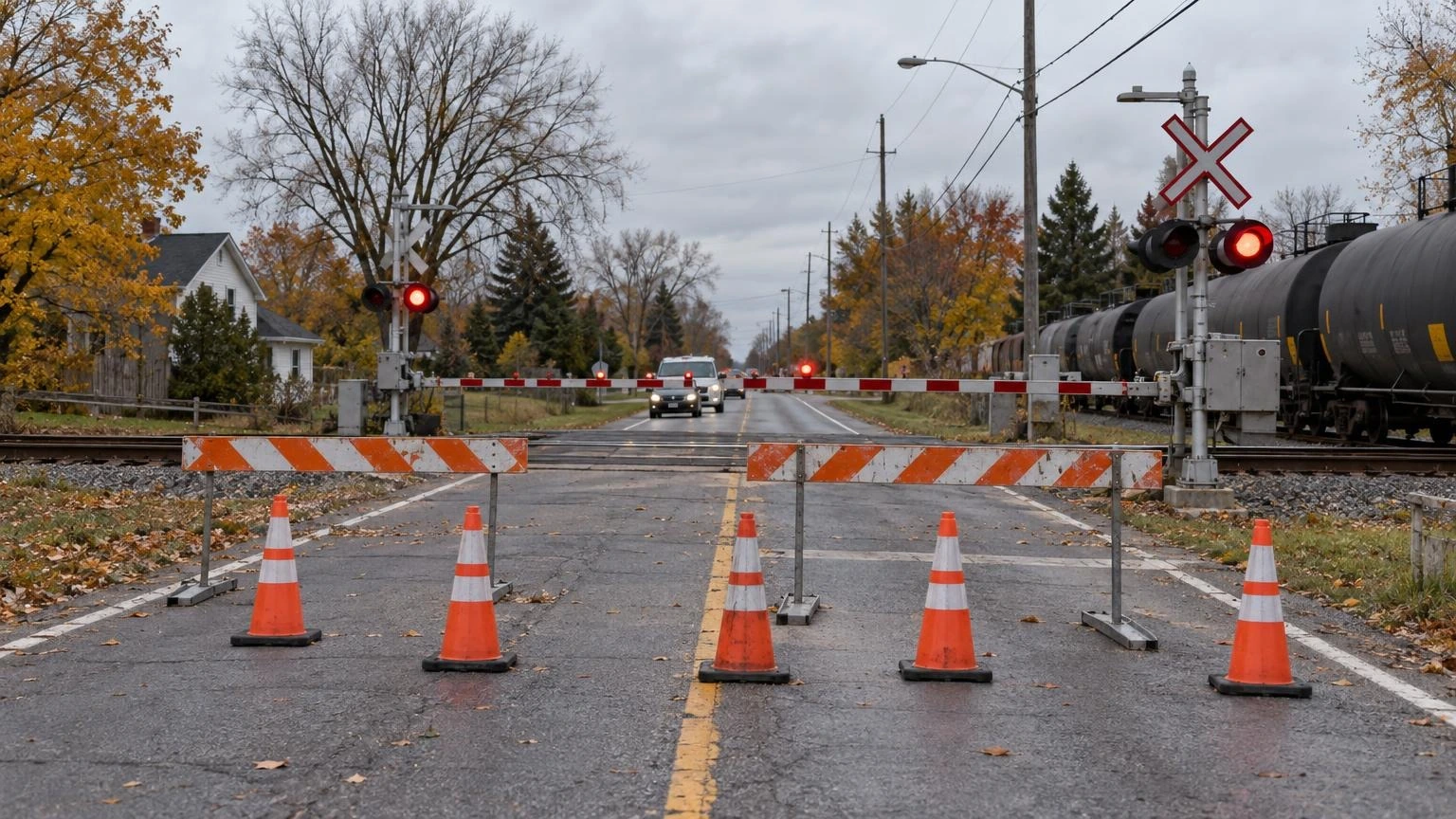 A closed two-lane Ontario road at a railway crossing, with barricades, cones and autumn trees.