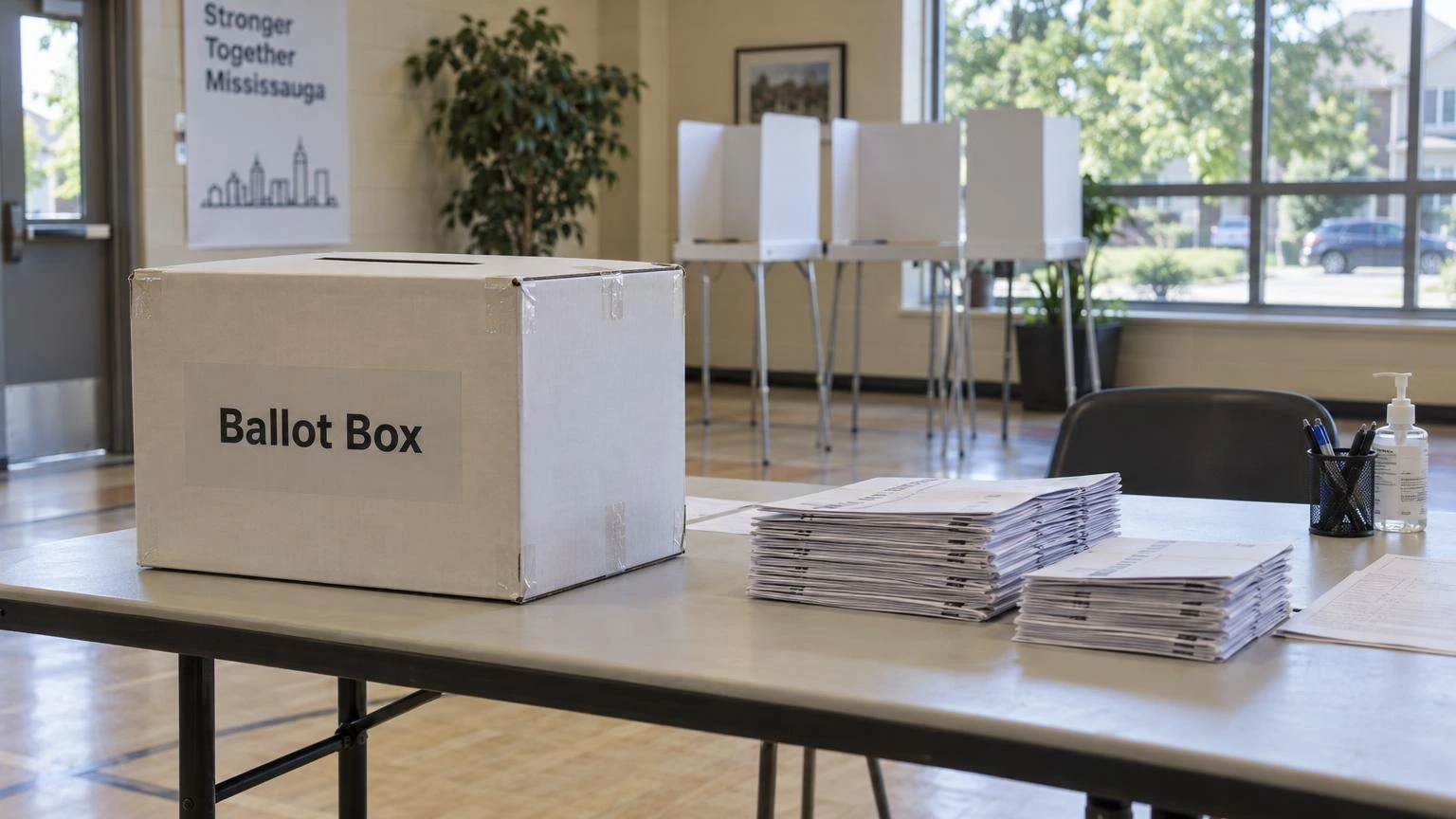 A close-up shot of a cardboard ballot box and folded paper ballots inside a community centre.