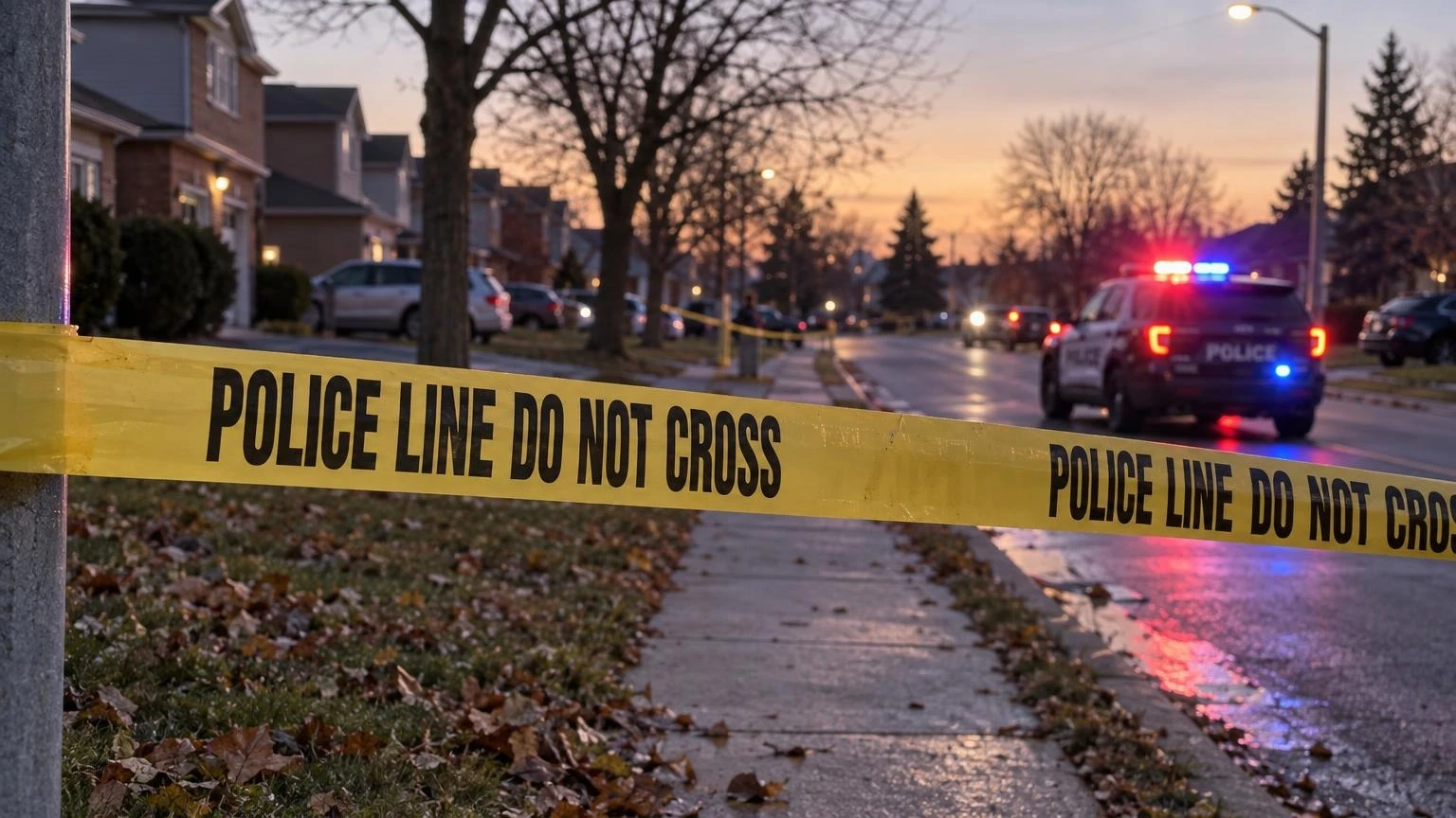 A close-up of yellow police tape stretched across a sidewalk at dusk, with blurred emergency vehicle lights in the background.
