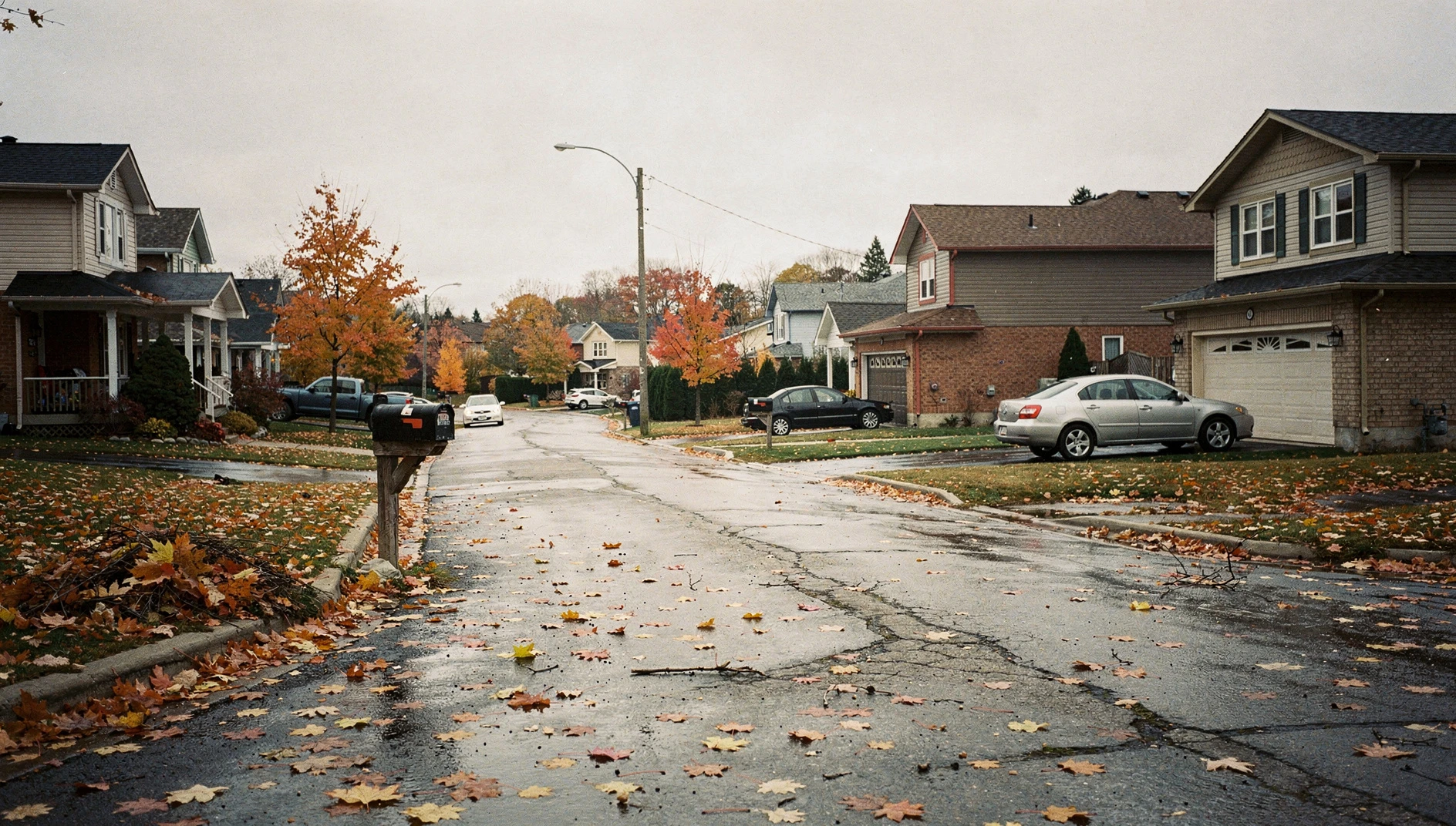 A residential street in Fonthill, Ontario, featuring suburban houses and autumn trees under a cloudy sky.
