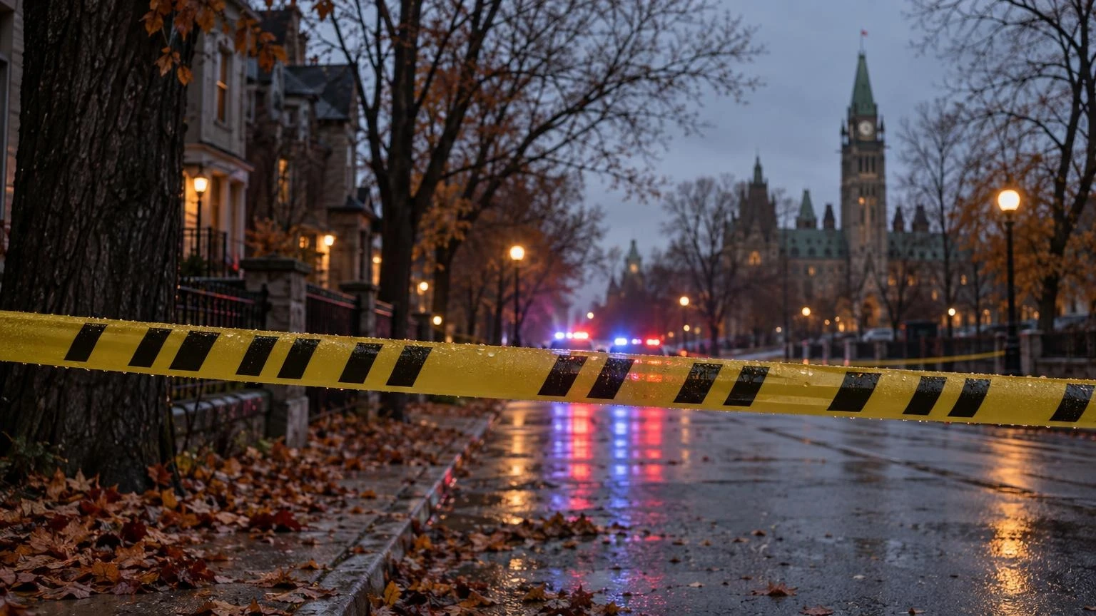 A close-up of yellow police tape stretched across a quiet Ottawa street at dusk with blurred emergency vehicle lights in the background.