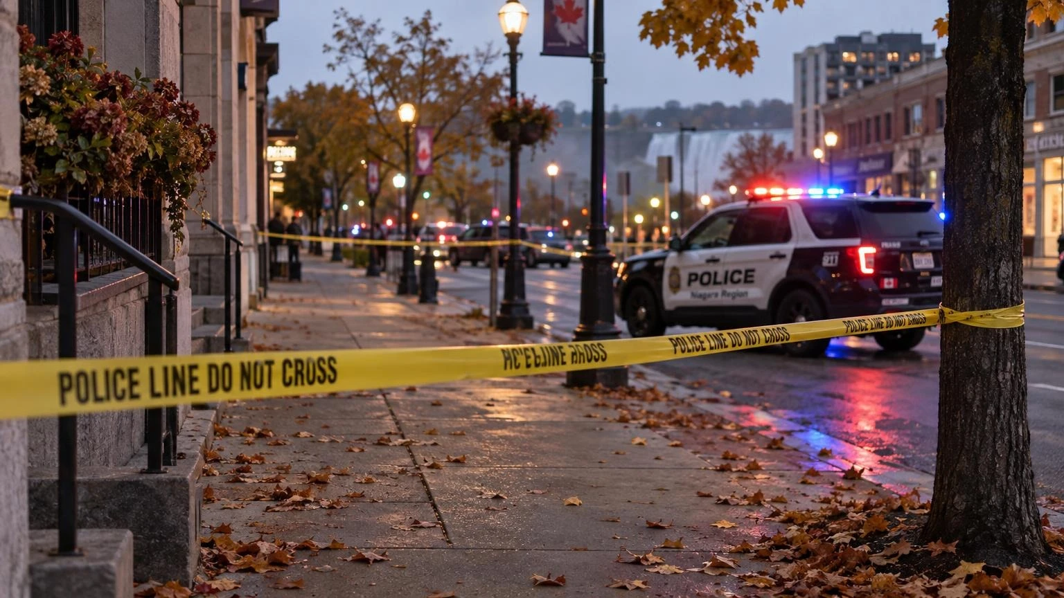 A close-up of yellow police tape stretched across a sidewalk at dusk, with blurred red and blue emergency lights in the background.