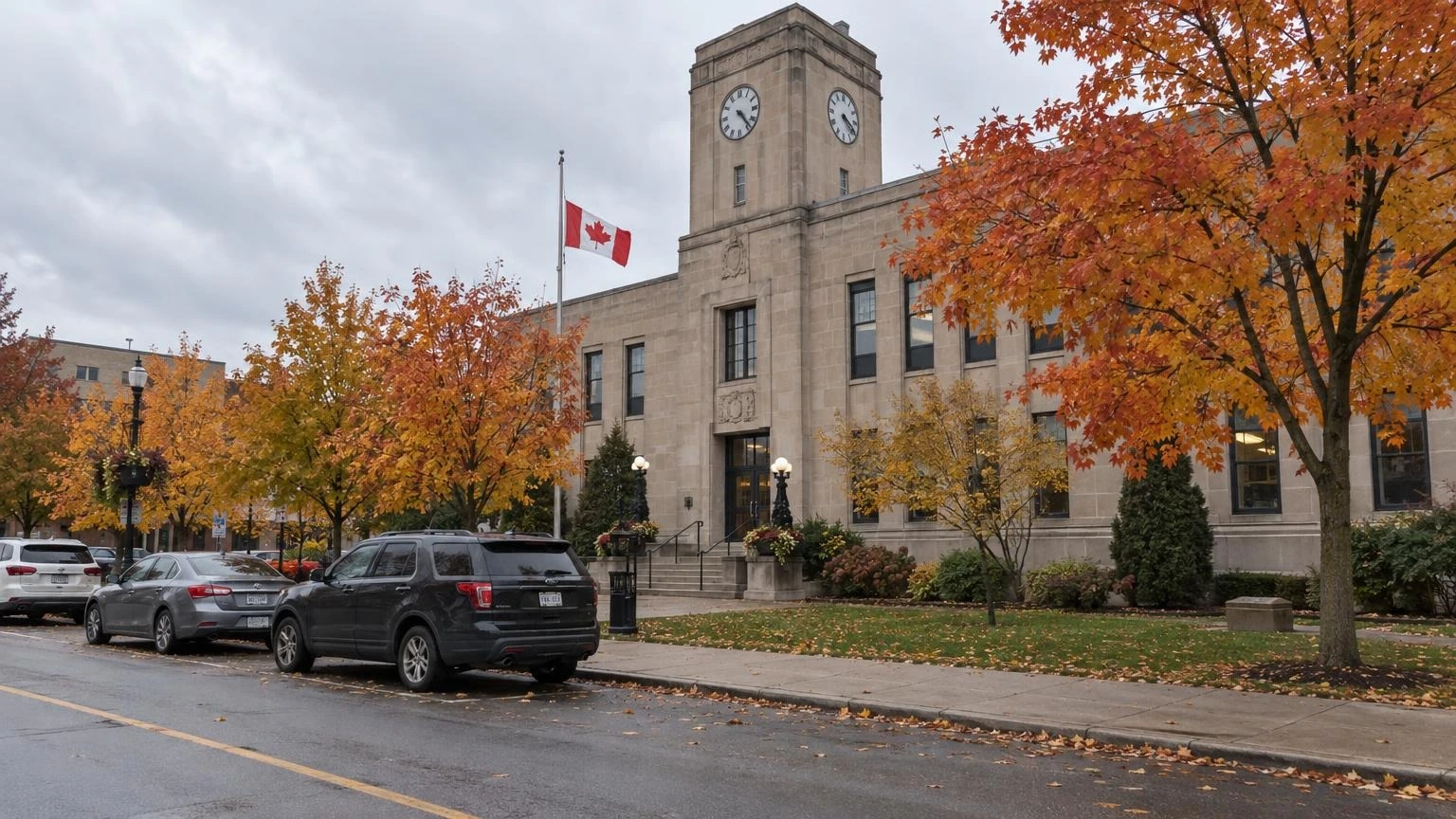 A stone Ontario city hall building on an autumn day with maple trees turning colour.