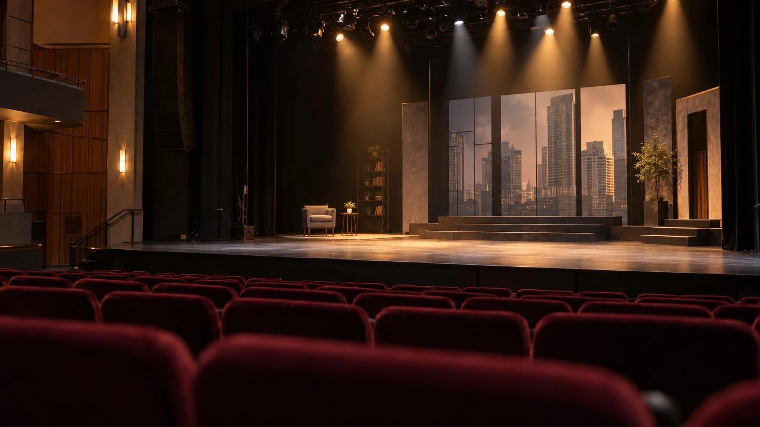 An illustration of a modern theatre stage with warm lighting and empty seating.
