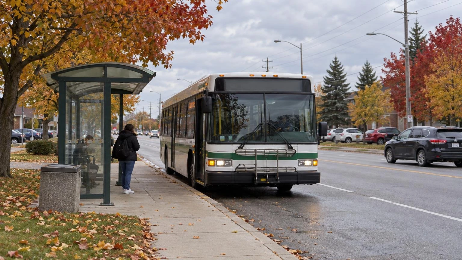 Illustration of a suburban transit bus at a stop on an autumn street in Pickering.
