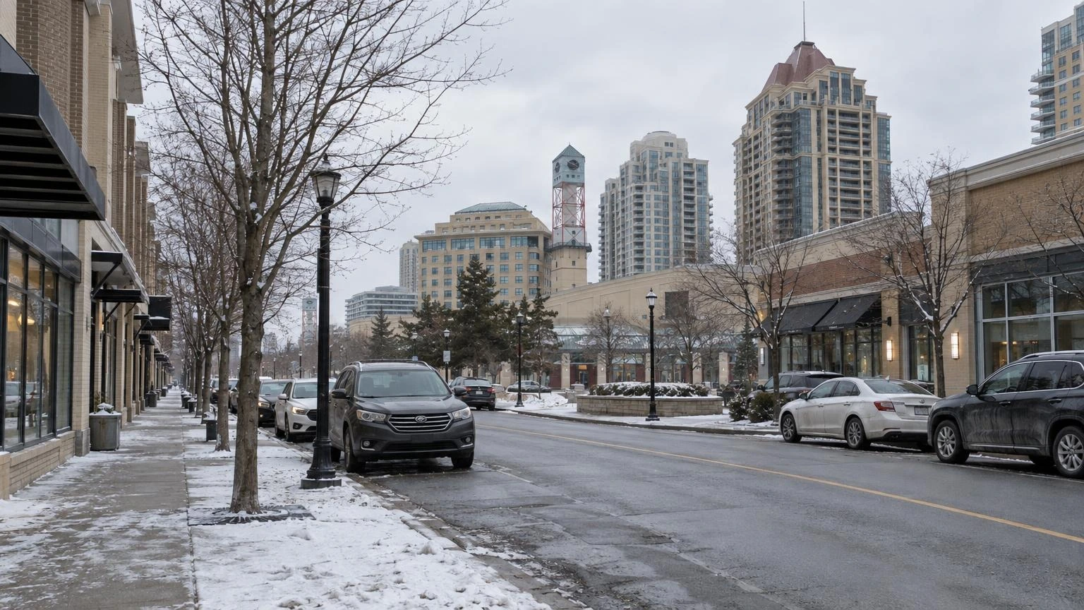 A view of a Mississauga streetscape featuring retail storefronts and a residential area under a grey winter sky.
