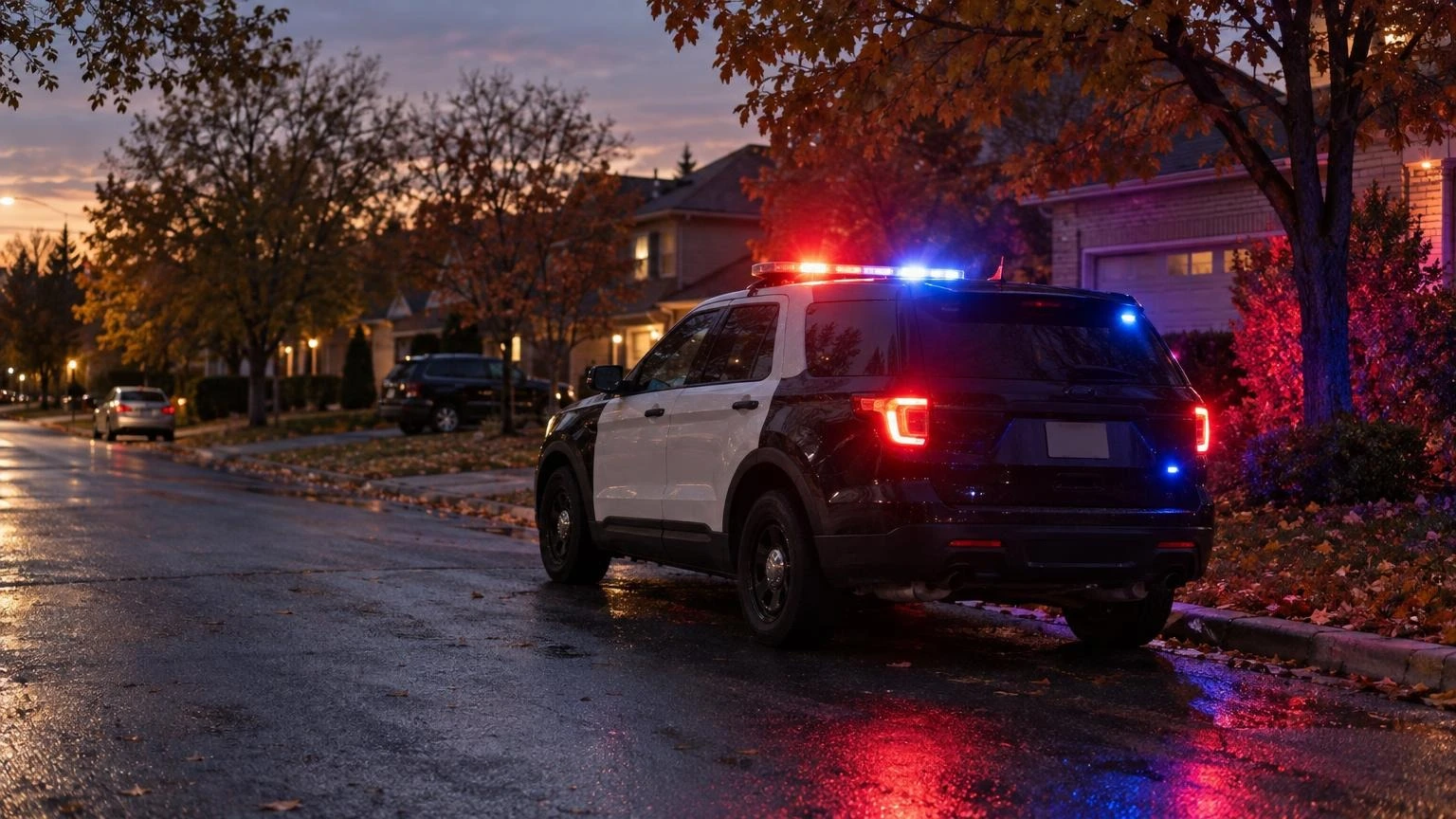 A police cruiser with emergency lights on at dusk on a suburban street.