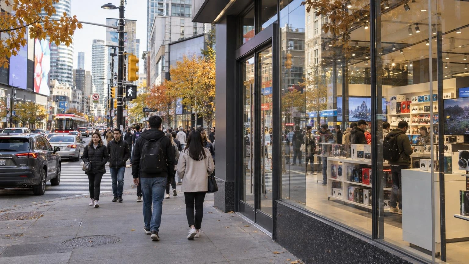 A busy downtown Toronto street corner with a glass-fronted electronics store and shoppers browsing game displays inside.