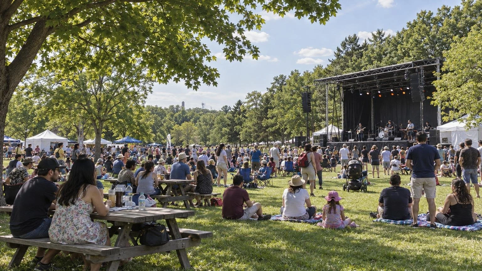 An outdoor stage setup in a grassy park during the summer.