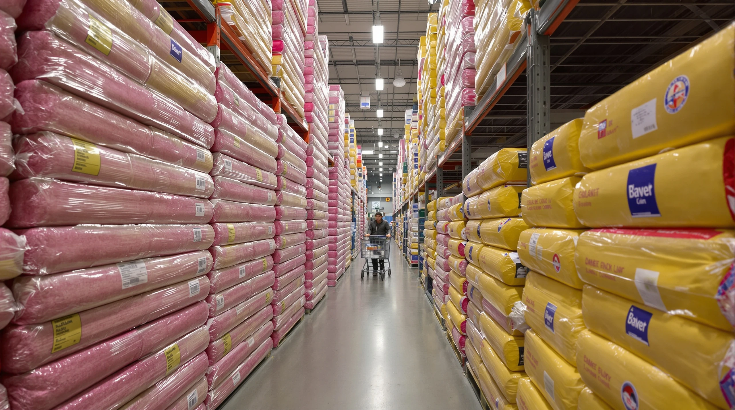 Aisle of a home improvement store with stacked packages of home insulation on shelves.