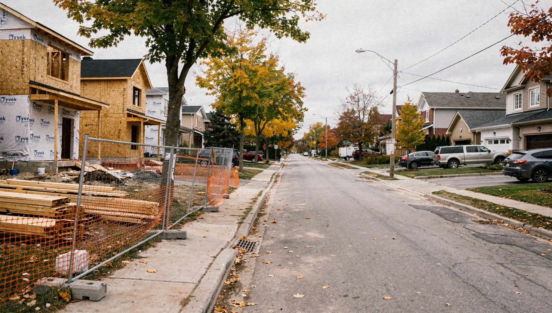 Residential construction beside an established Mississauga street with autumn-coloured trees.