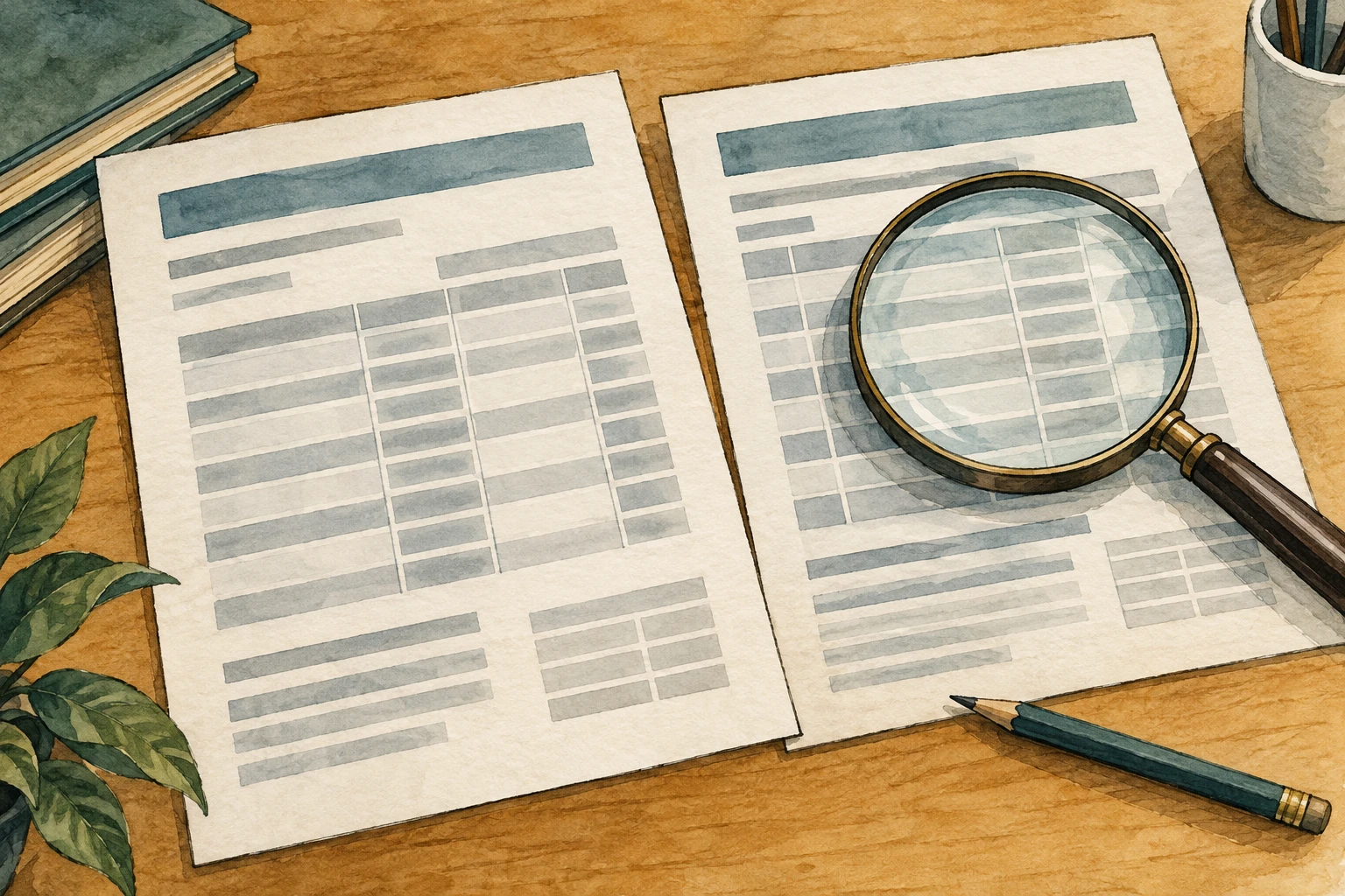 Two abstract table documents beside a magnifying glass and pencil.