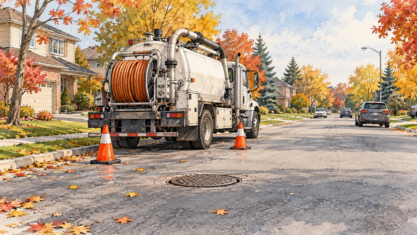 Conceptual illustration of sewer-maintenance equipment and cones on an autumn residential street.